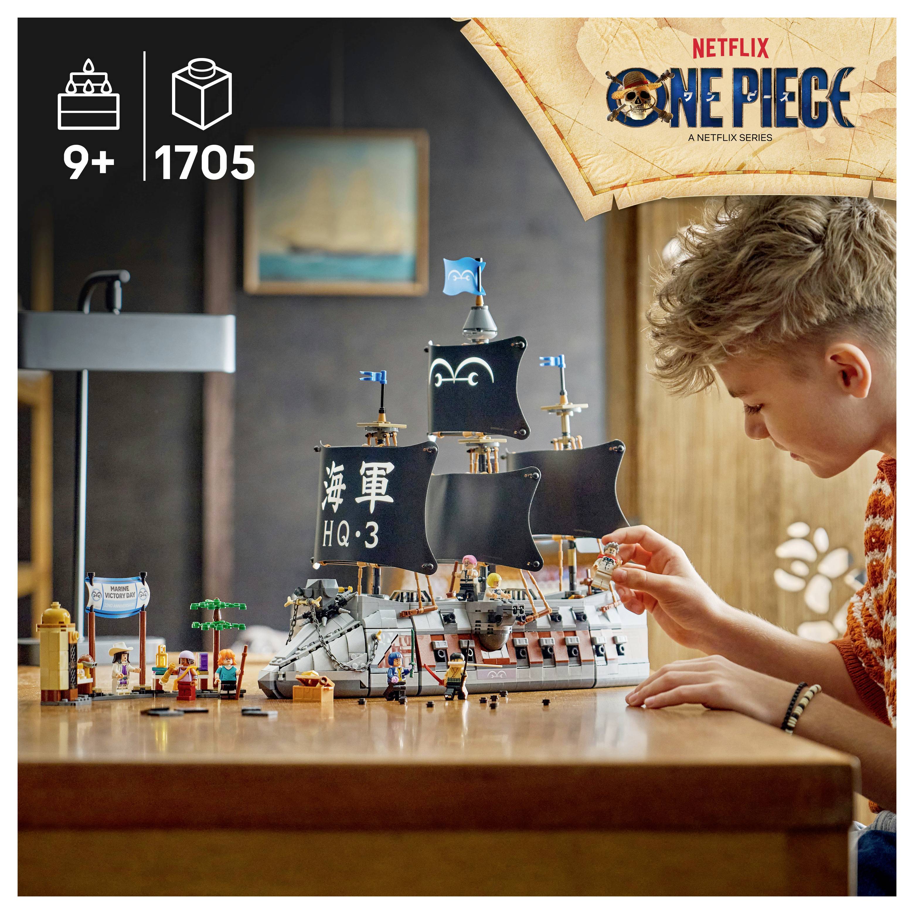 75646 LEGO® ONE PIECE Garps Marineschlachtschiff; Bauset mit 8 Minifiguren für Rollenspiele; Fanartikel zur Netflix-Realverfilmung von ONE PIECE; Ge