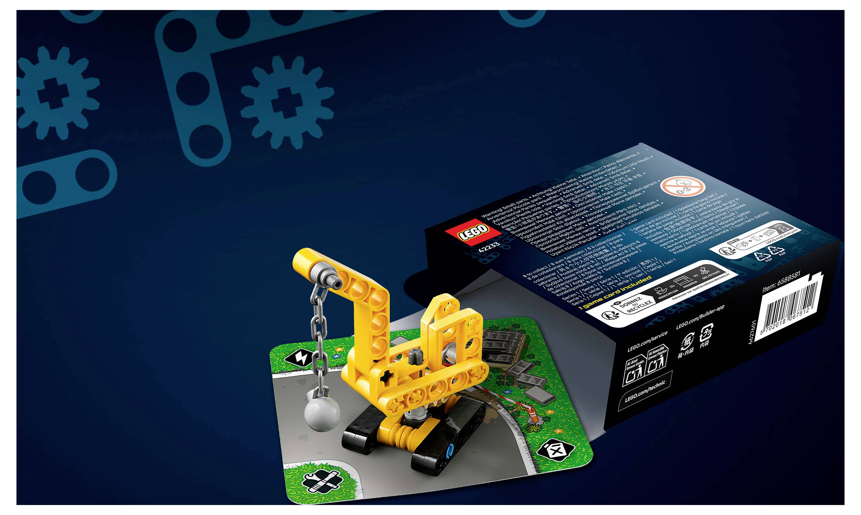 LEGO Technic-Setkasten mit einem gelben Kranmodell auf grüner Basis, gezeigt vor dunkelblauem Hintergrund.