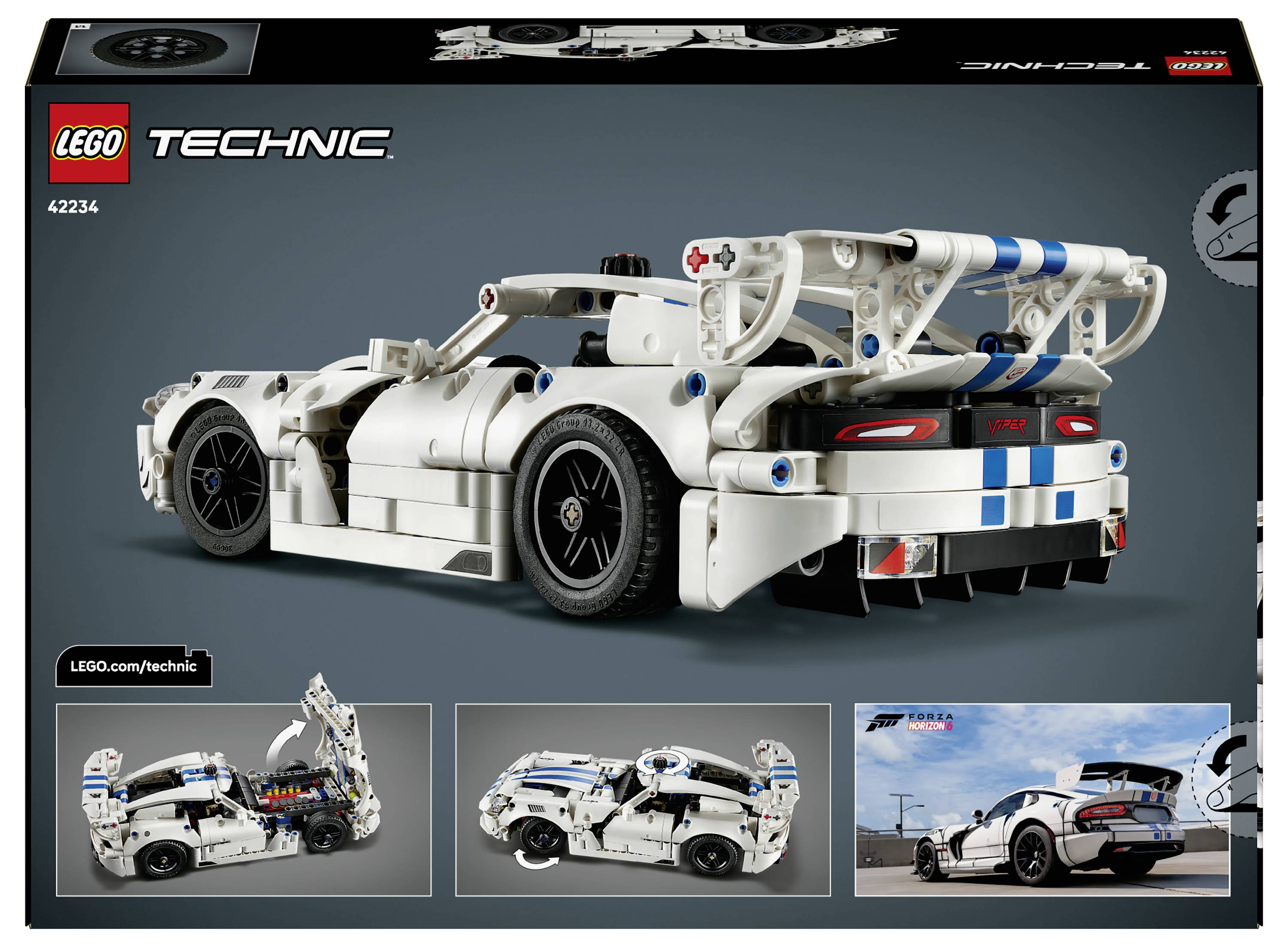 LEGO Technic Porsche 911 GT3 RS Modellkasten zeigt einen weißen Rennwagen mit blauen Akzenten und Heckspoiler, sowie Baustadien und Fotos des fertigen Autos.