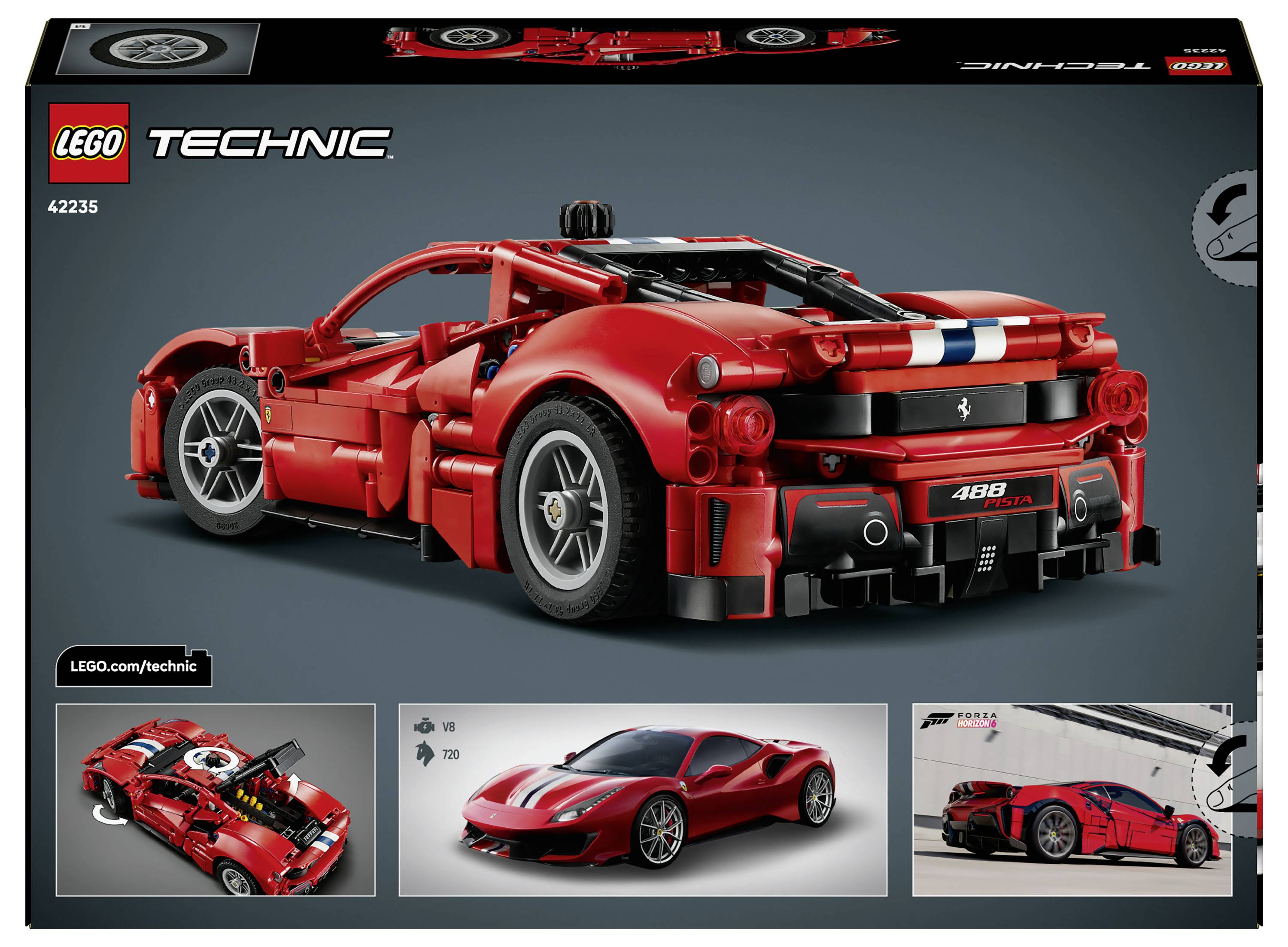 Schachtelkunstwerk für das LEGO Technic Set 42235, das ein rotes Ferrari 488 GTE Rennwagen-Modell zeigt, mit kleineren Ansichten des Modells darunter.