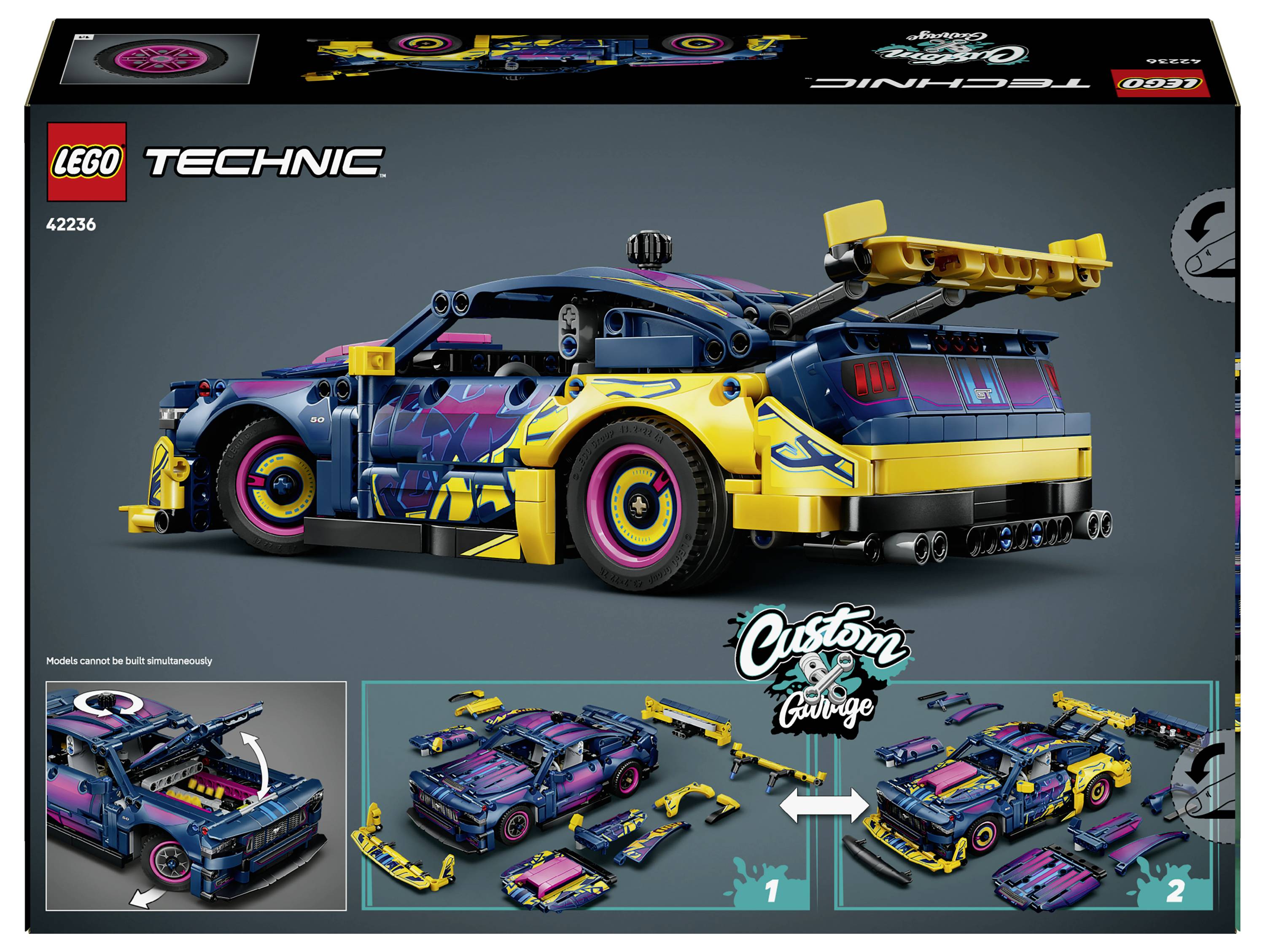 LEGO Technic 42236 Verpackungsdesign zeigt einen farbenfrohen, benutzerdefinierten Sportwagen mit Heckflügel; die unteren Paneele zeigen Bauteile und Umwandlungsschritte.