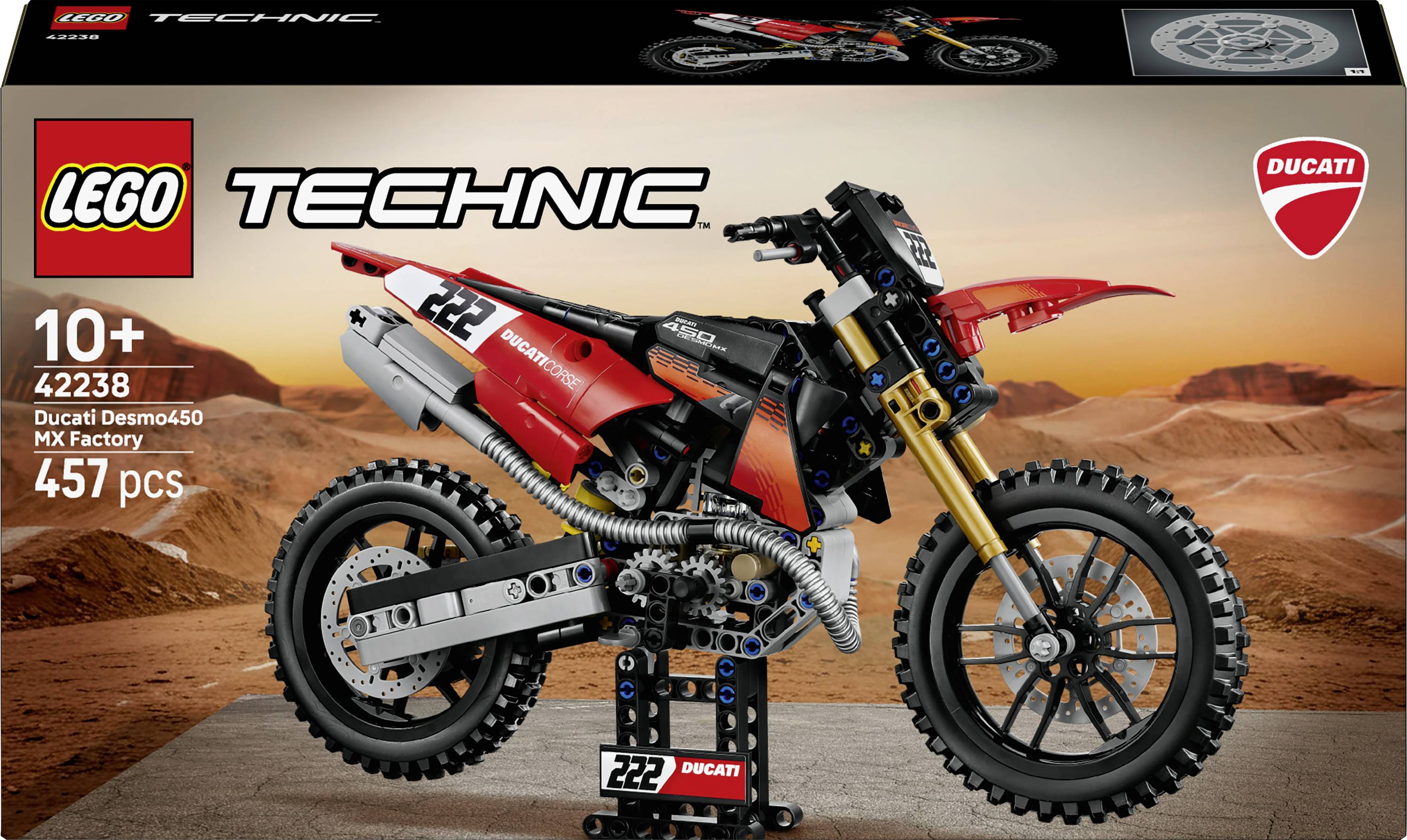 LEGO Technic Ducati-Modellkarton mit einem rot-schwarzen Ducati Desmo450 MX Factory Motorrad, ab 10 Jahren, Set 42238, 457 Teile.