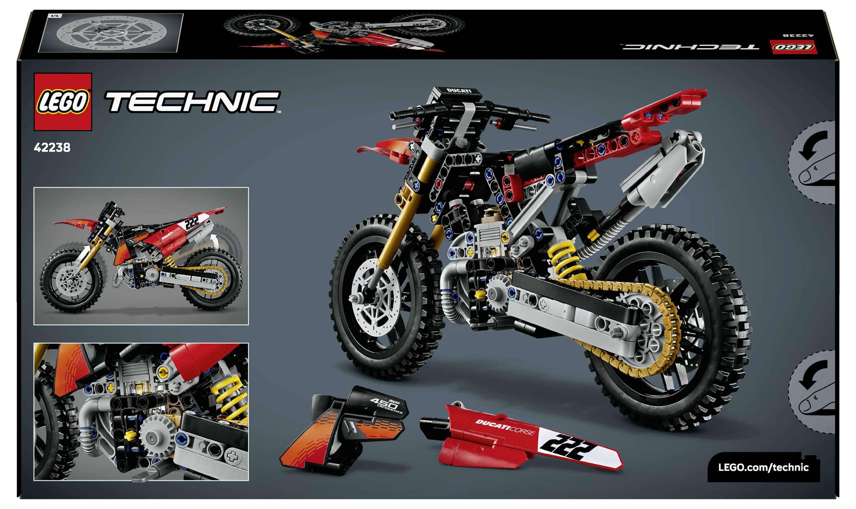LEGO Technic Karton für Set 42238 mit einem rot-schwarzen Geländemotorrad mit detailnaher Bauanleitung und Ersatzteilen