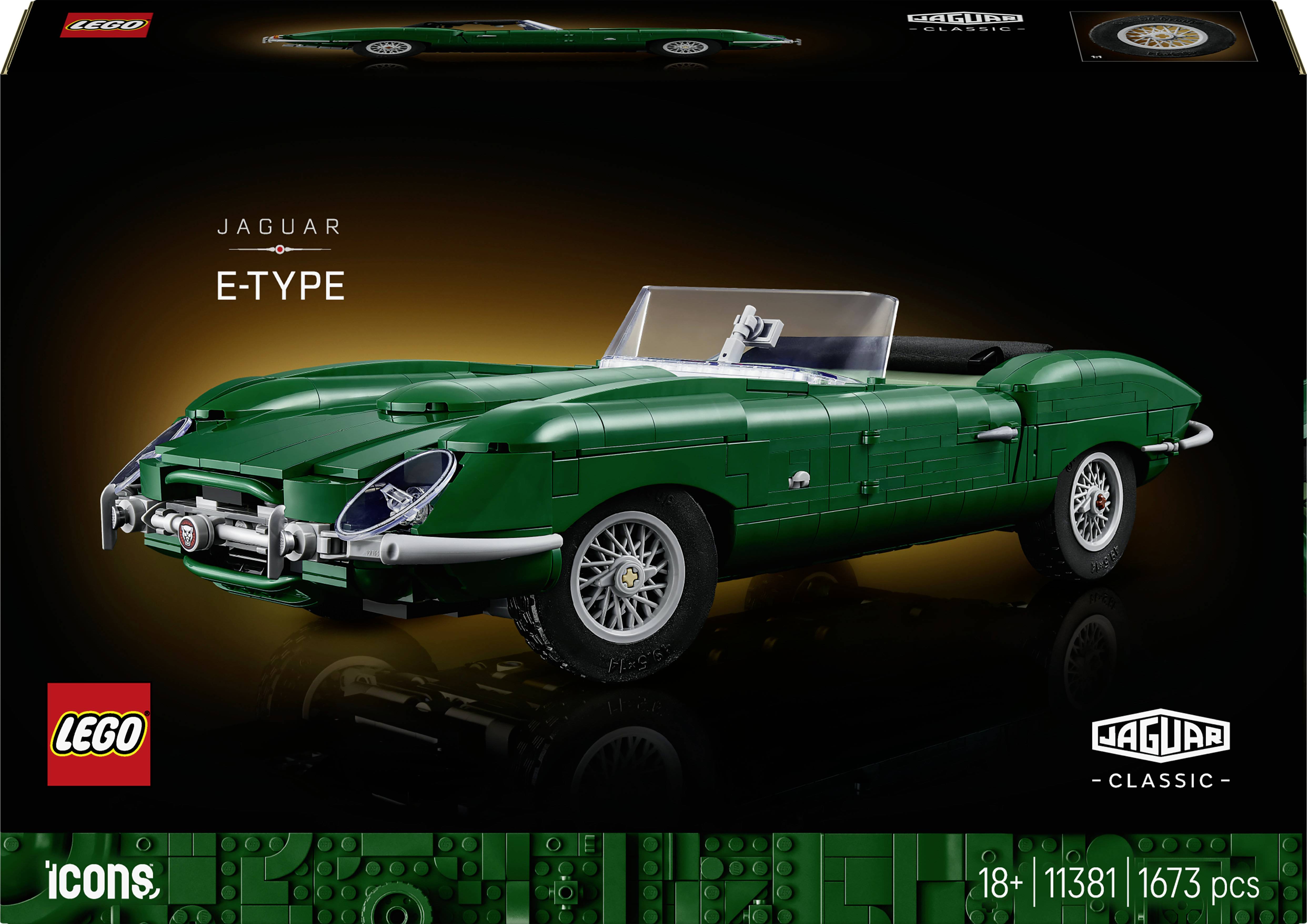 LEGO Icons Jaguar E-Type Klassiker-Autobausatz mit grünem Cabrio-Modell und Verpackung, gekennzeichnet 18+, 11381, 1673 Teile.