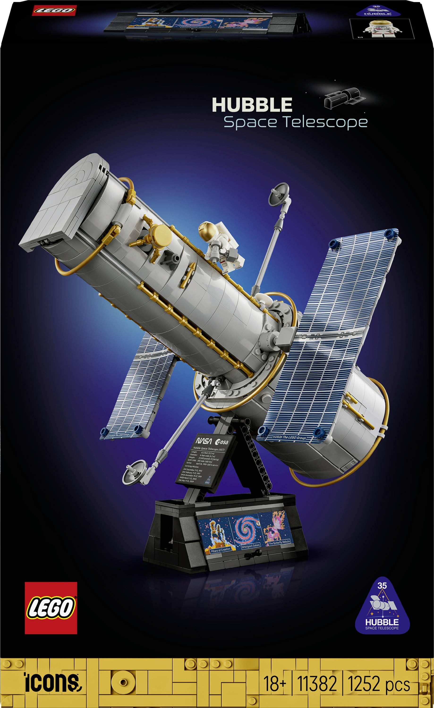LEGO Icons Hubble-Weltraumteleskop-Setverpackung mit detailliertem Modell des Teleskops mit Solarpanelen auf einem Ausstellungsständer, beschriftet mit „Hubble-Weltraumteleskop