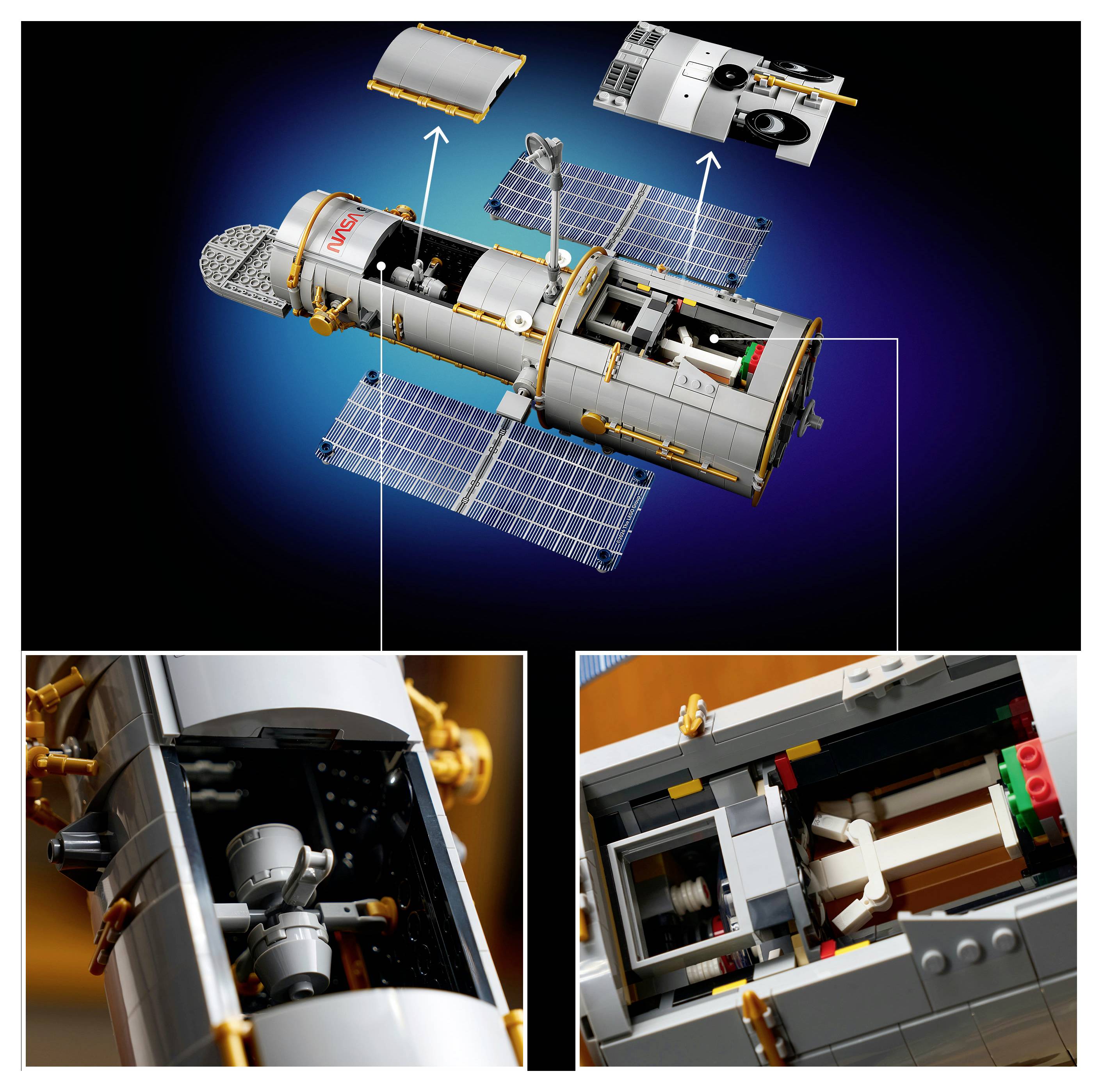 Explosionszeichnung eines LEGO-NASA-Weltraumteleskops mit Solarpanelen und separierten Modulen, plus zwei Detailaufnahmen seiner inneren Komponenten.