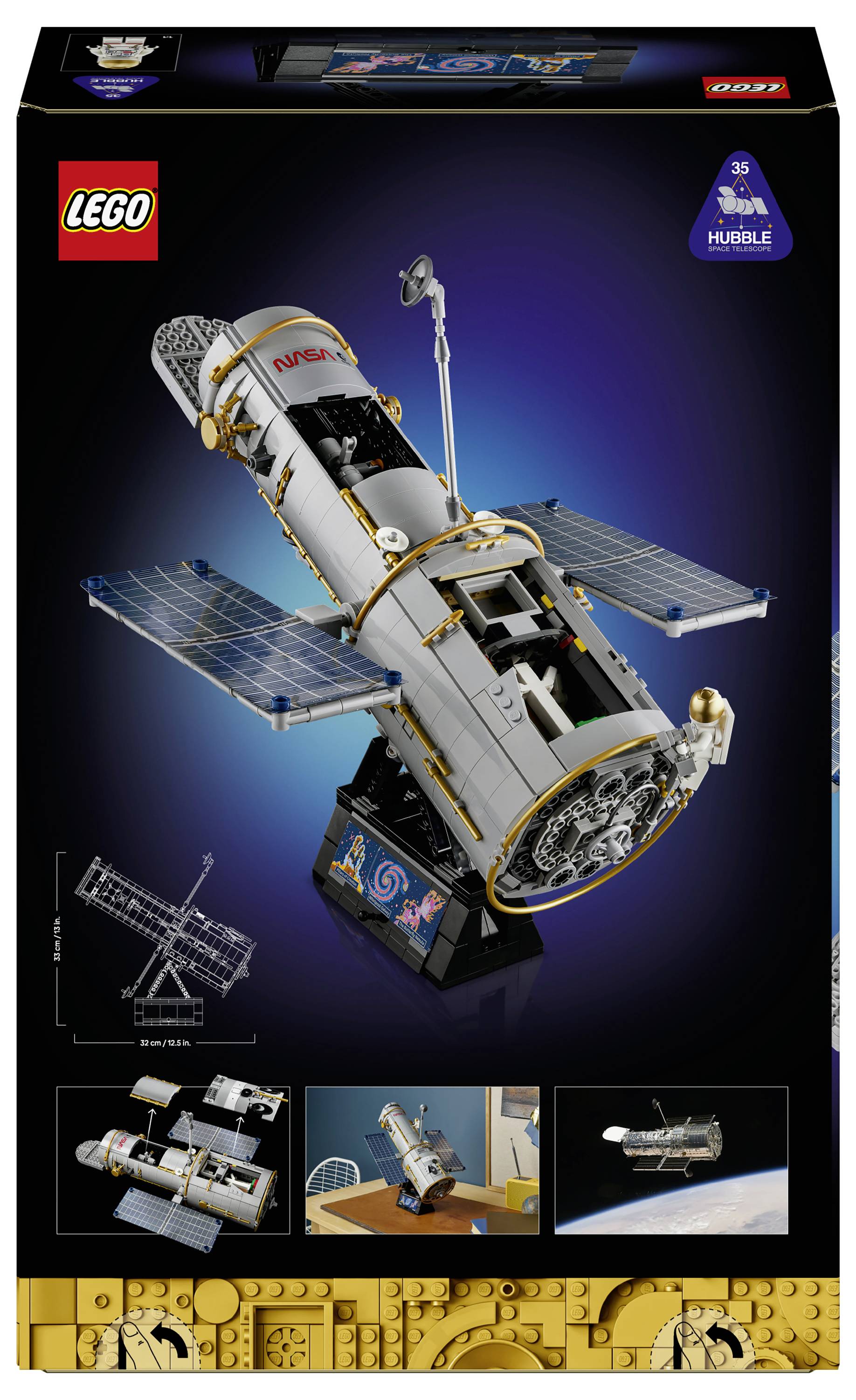 LEGO-Hubble-Weltraumteleskop-Set-Schachtelkunst zeigt ein aus Steinen gebautes Hubble-Teleskop mit Solarpanelen und Ständer, gekennzeichnet mit 