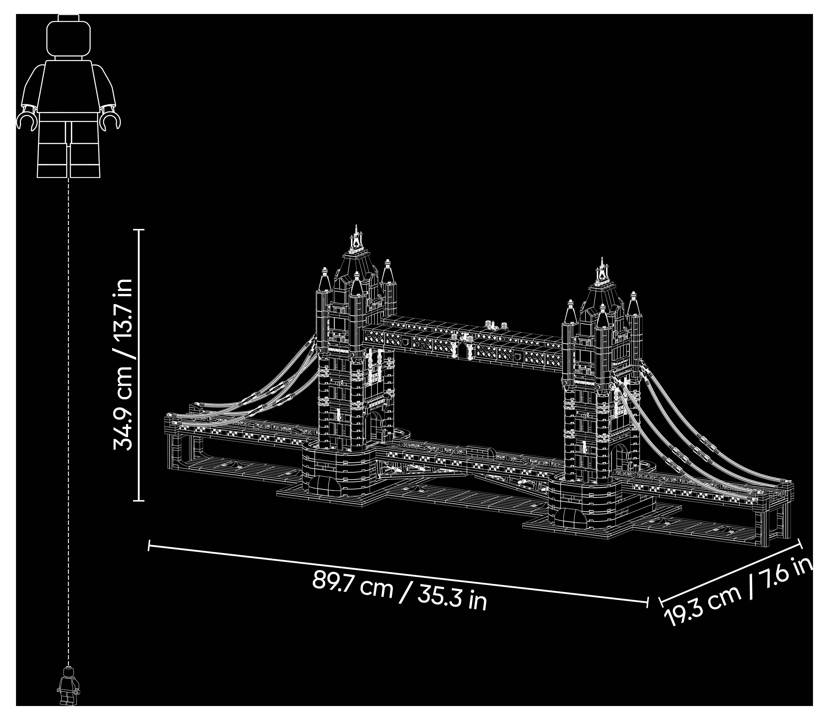 Lego-ähnliches Tower Bridge-Modell mit Abmessungen von 89,7 cm Breite, 19,3 cm Tiefe und 34,9 cm Höhe.