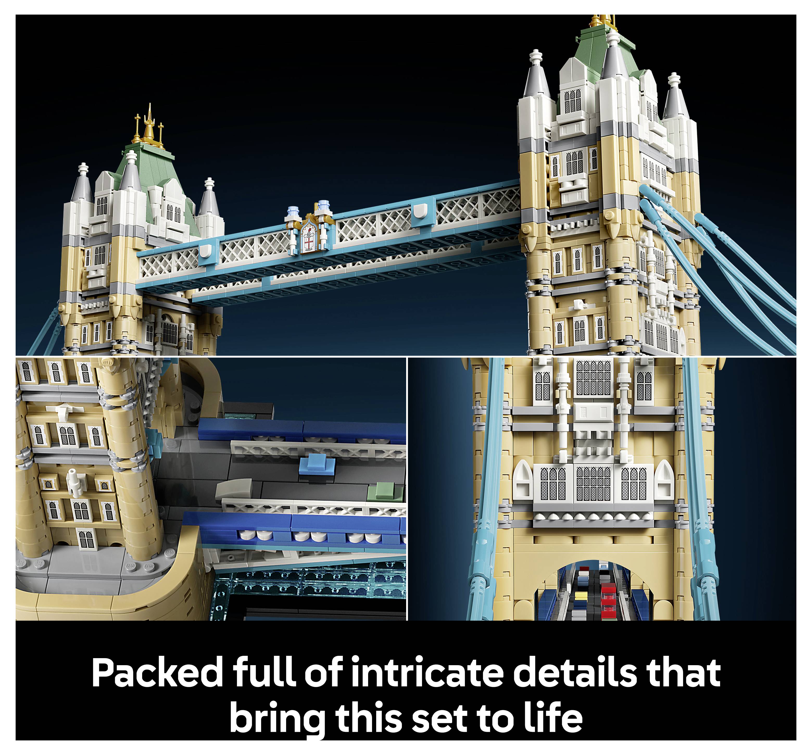 Collage eines detaillierten LEGO Tower Bridge-Modells, das die Brückentürme, die Spannweite, die Fahrbahn und die Beschriftung „Vollgepackt mit aufwendigen Details, die dieses Set zum Leben erwecken