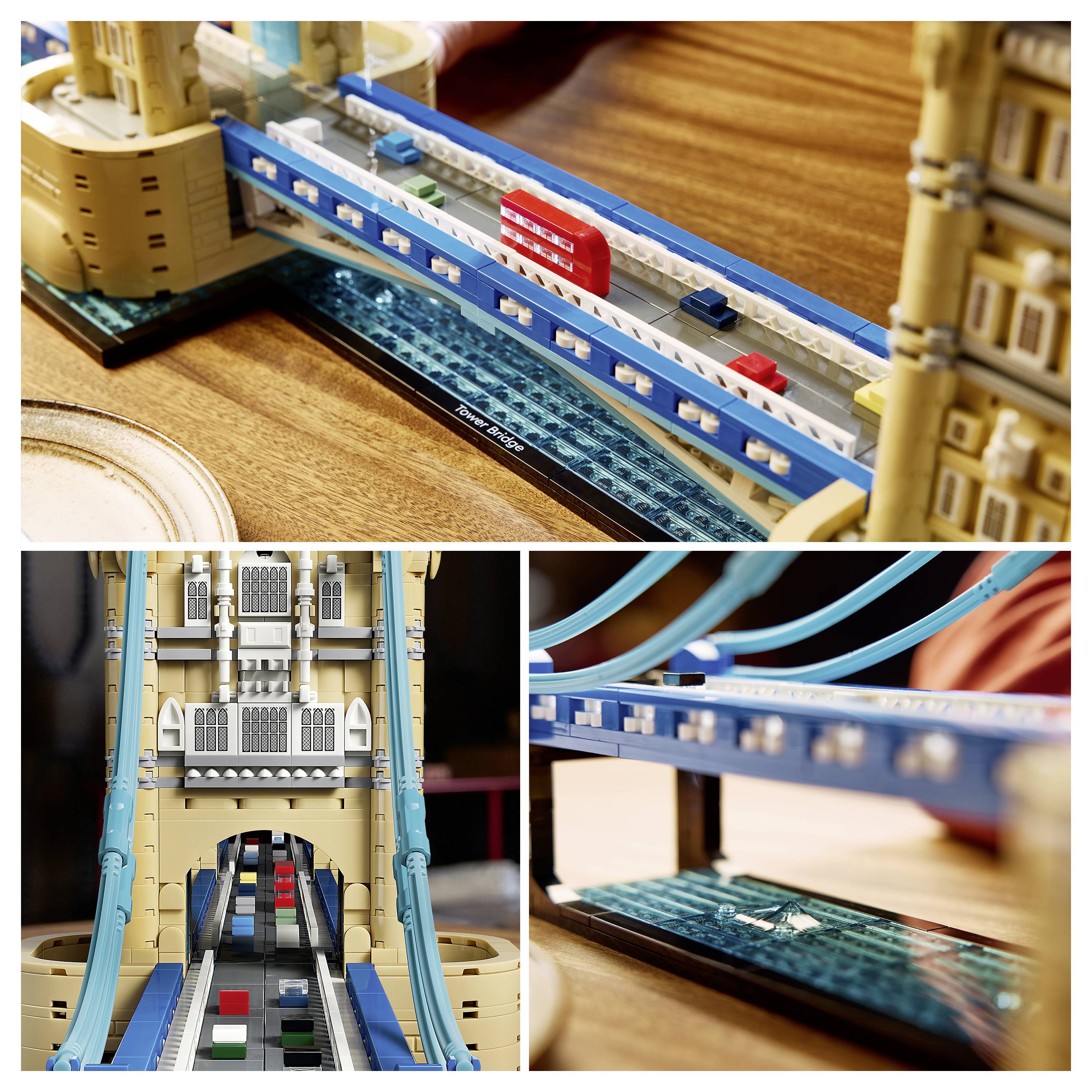 Collage eines LEGO-Architekturmodells einer Brücke mit blauen Schienen, von oben, von vorne und von der Seite auf einem Holztisch betrachtet.
