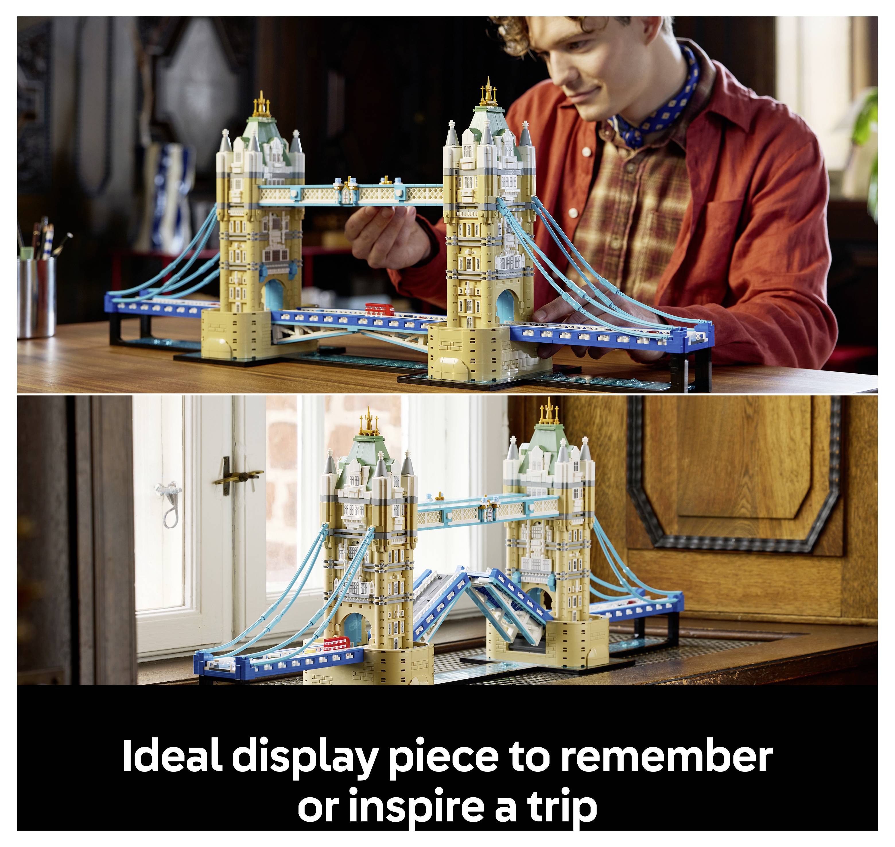 LEGO-ähnliches Modell der Tower Bridge auf einem Tisch ausgestellt, gezeigt während der Montage und als fertiges Ausstellungsstück mit Bildunterschrift „Ideales Ausstellungsstück zum Erinnern oder Inspirieren einer Reise