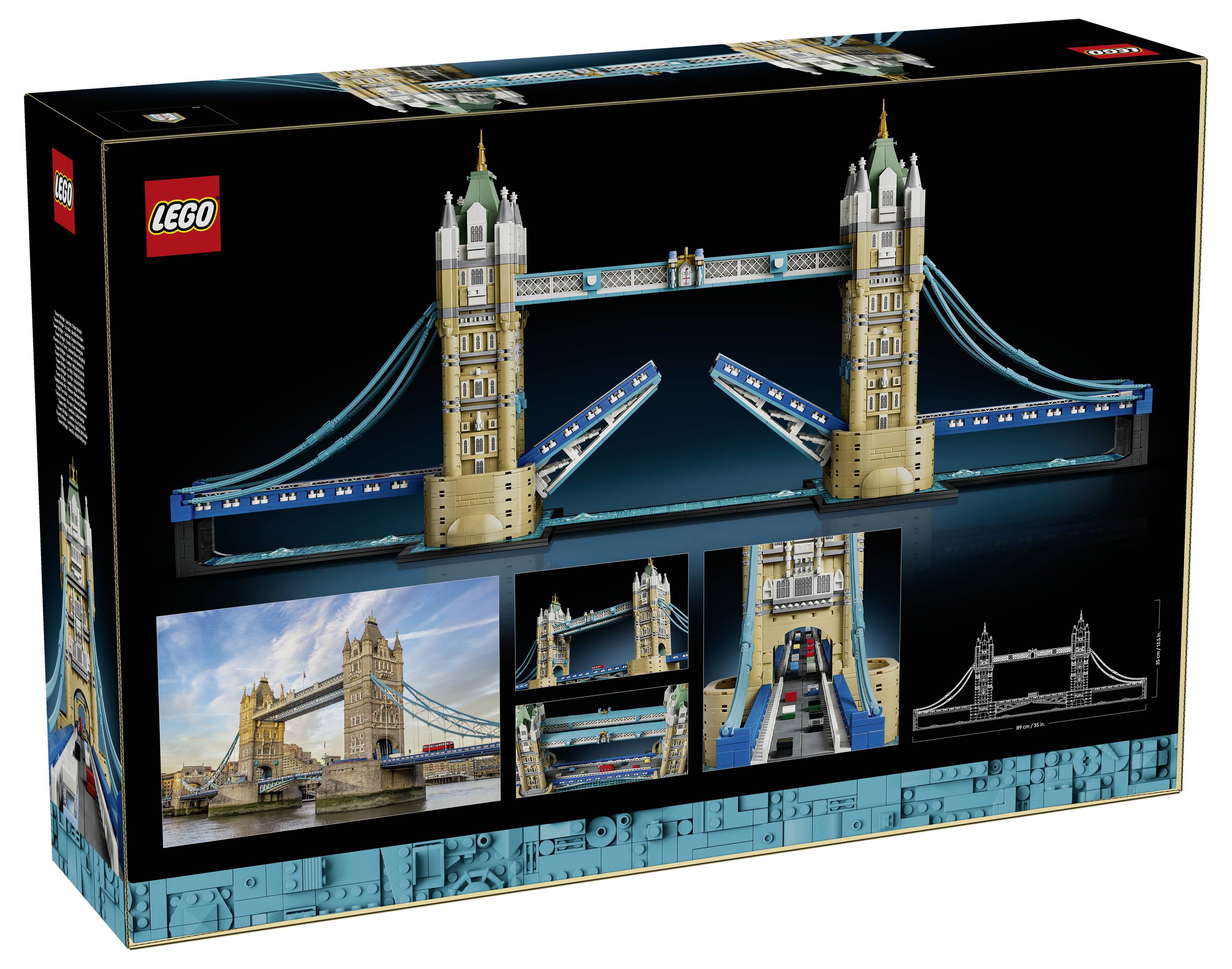 LEGO Architecture Set-Schachtel, die das Tower Bridge-Modell mit Doppeltürmen und erhobenen Fahrbahnen zeigt, plus eingefügte Fotos der fertiggestellten Brücke.