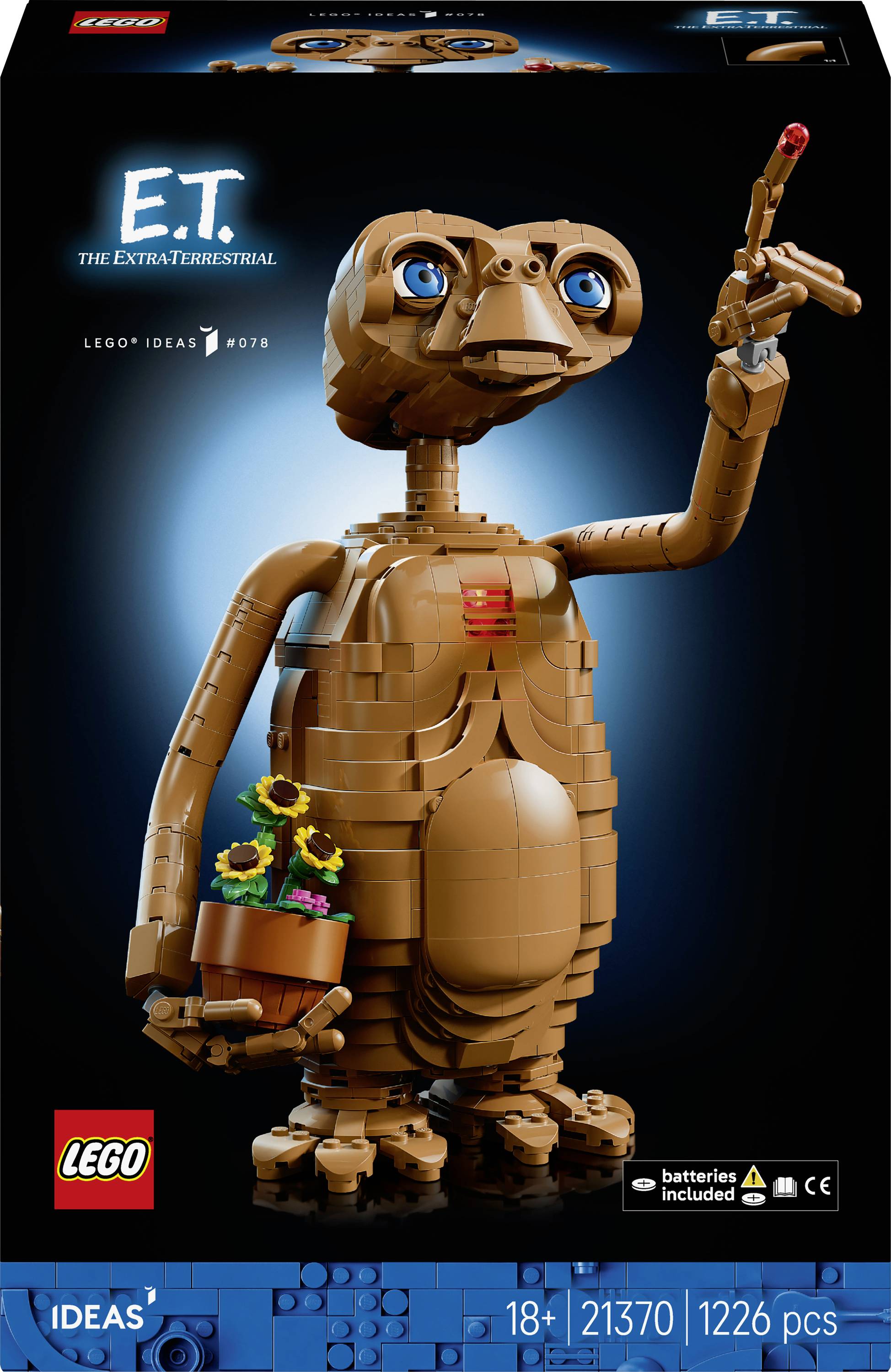 LEGO Ideas Schachtelbild mit einer gebauten E.T. der Außerirdische Figur, die eine leuchtende Fingerspitze hält, mit Topfblumen und Set-Details 21370, 1226 Teile.