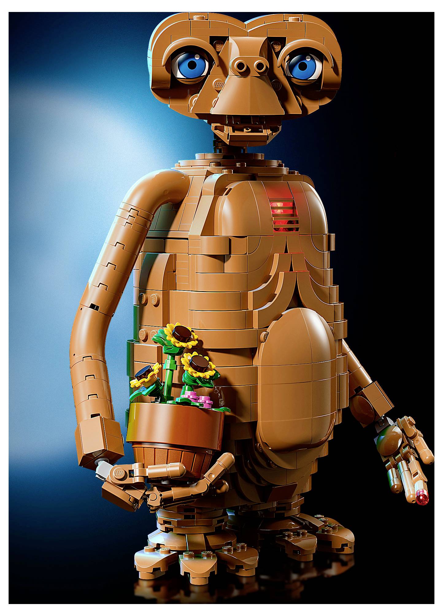 LEGO-ähnliche E.T.-Roboterfigur, die eine Topfpflanze hält, vor einem blau-schwarzen Farbverlaufshintergrund stehend.