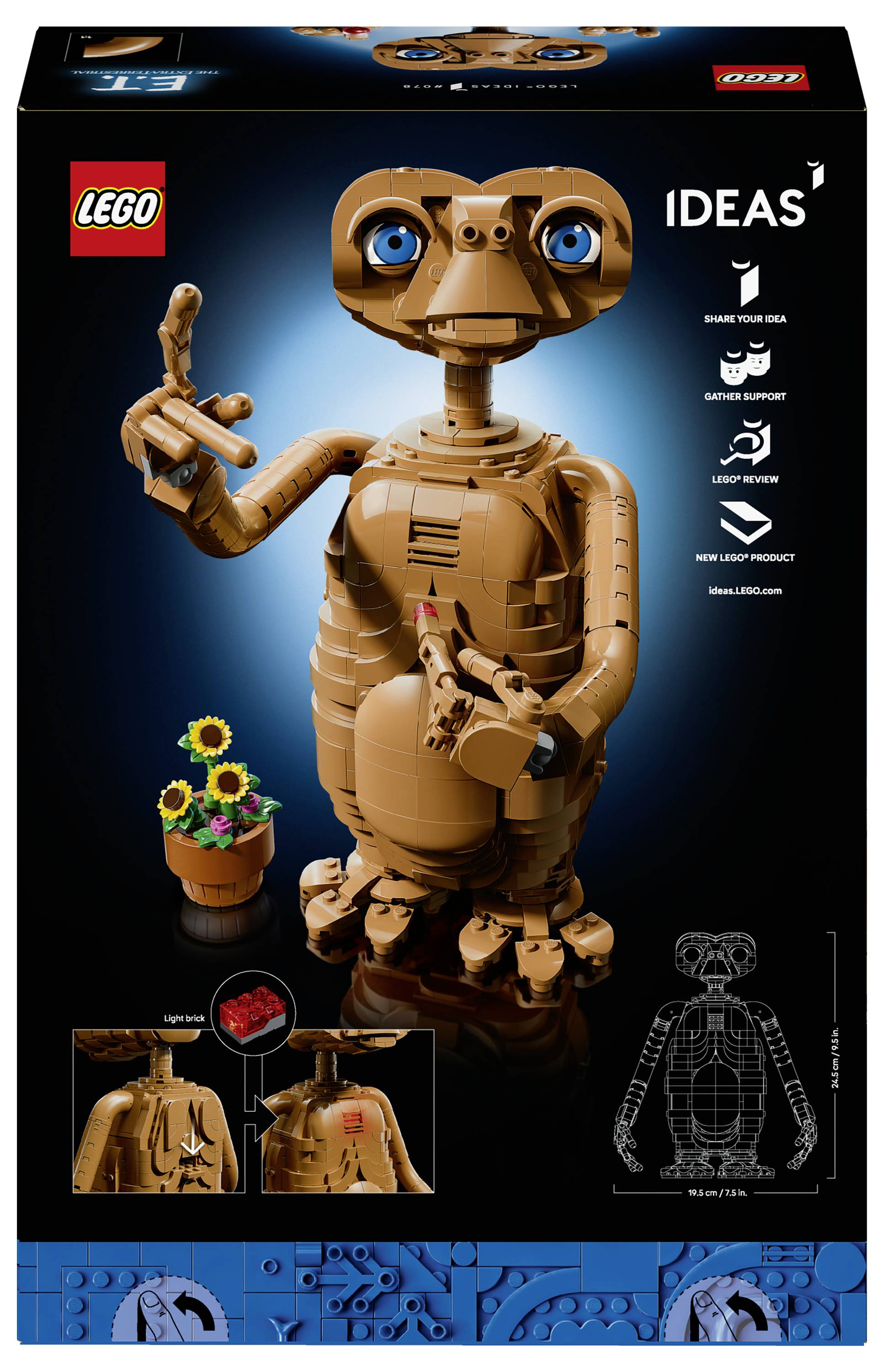 LEGO Ideas Verpackungskunst mit einer braunen E.T.-Figur mit erhobenem Finger, „LEGO Ideas