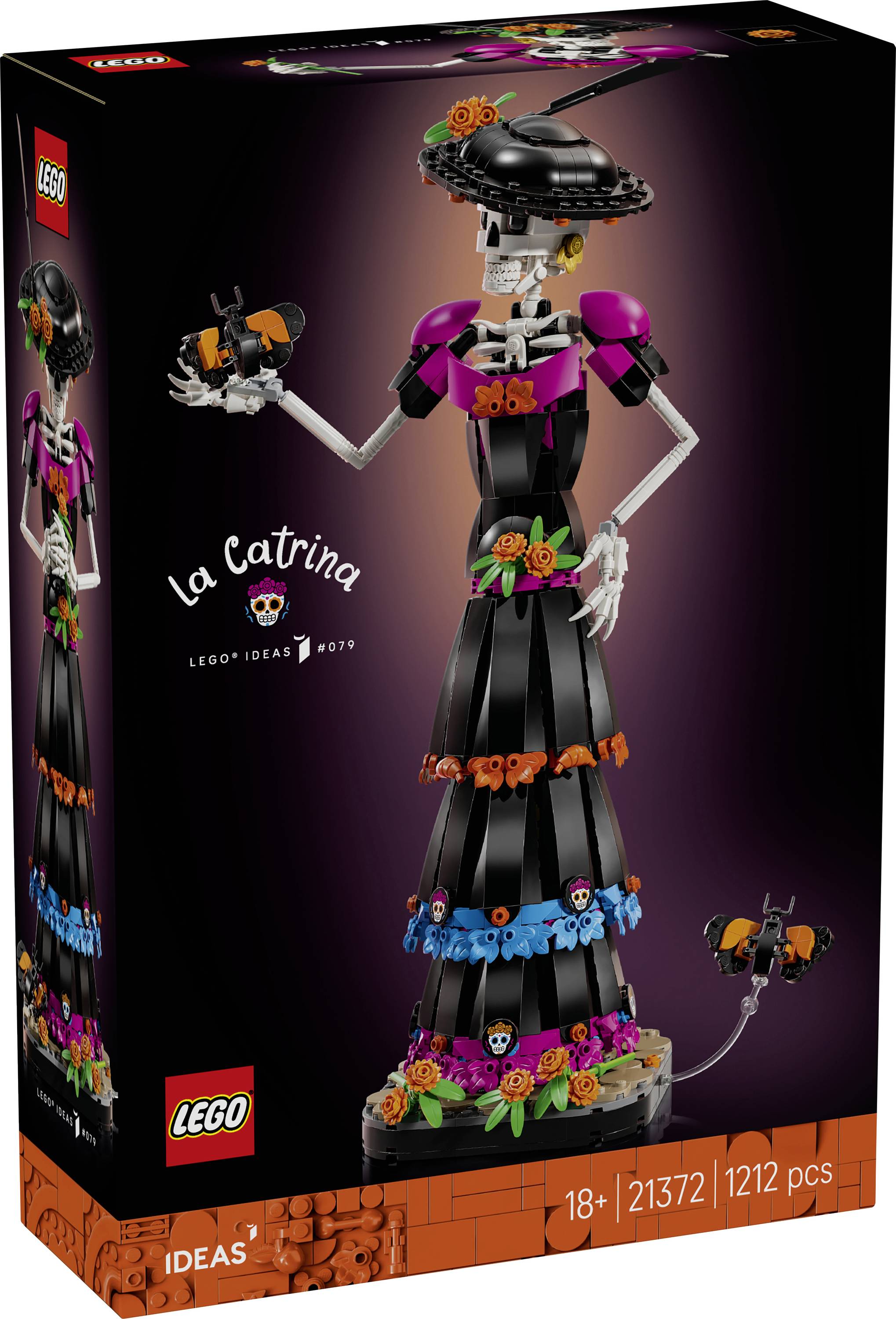 LEGO Ideas La Catrina Karton mit einer verzierten Skelettfigur in schwarzem Kleid, die eine schwarze Katze hält, Altersangabe 18+, Set 21372, 1212 Teile.