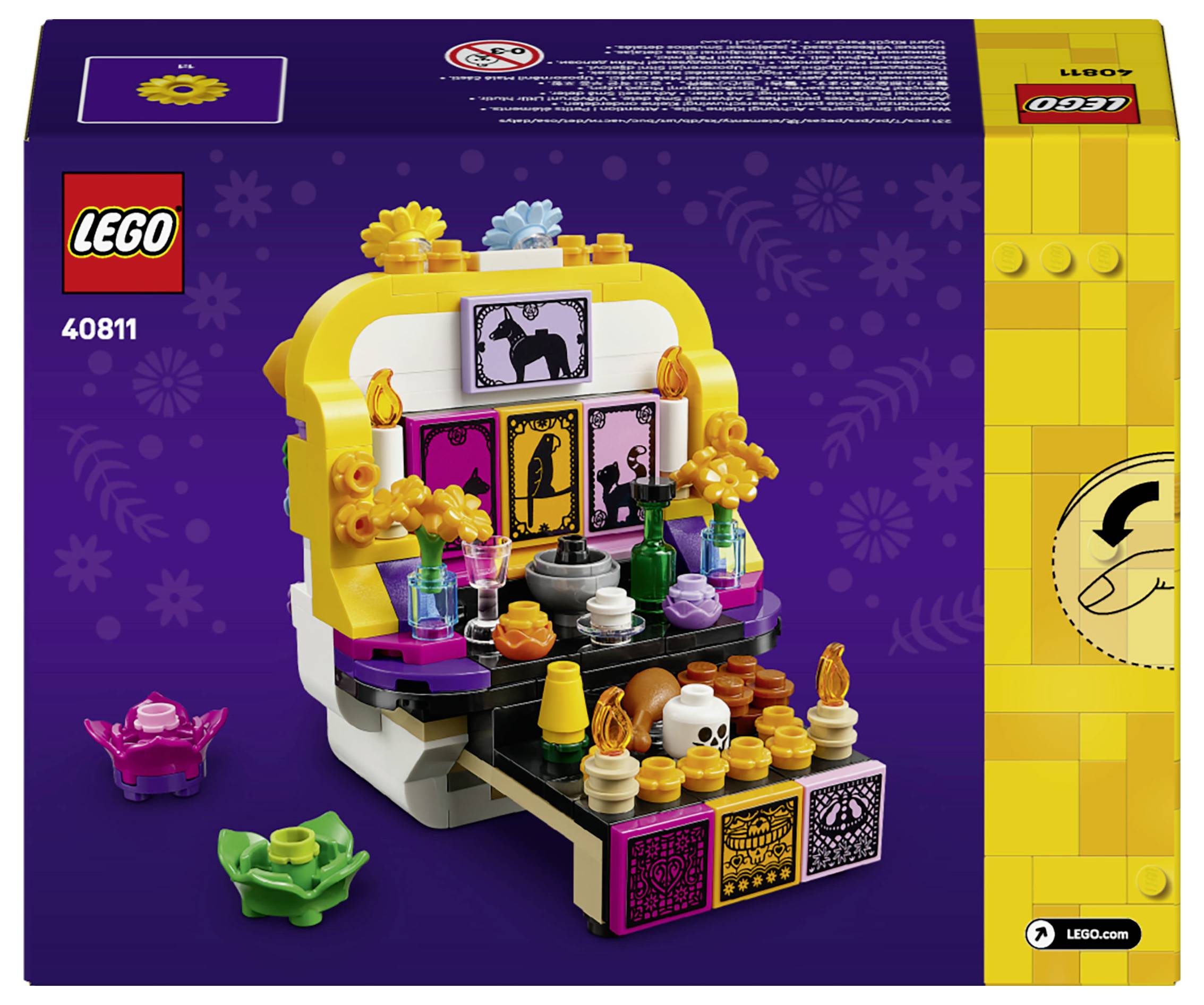 LEGO 40811 Schachttelart zeigt eine schrein-ähnliche Miniatur-Ausstellung mit Kerzen, Blumen, kleinen Schüsseln und dekorativen Paneelen auf violettem Hintergrund.