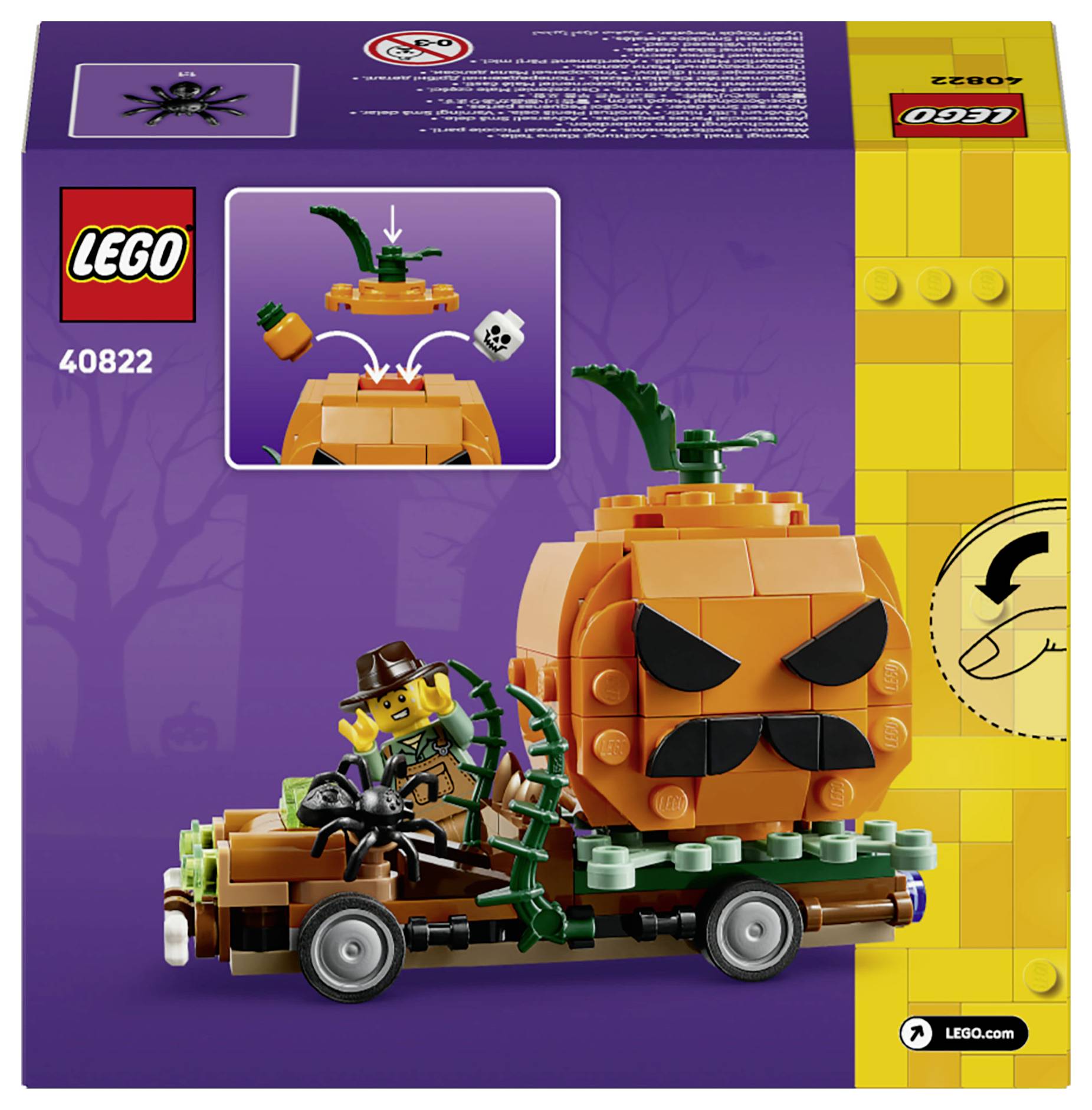 LEGO Spinne und Kürbis-Villa Konstruktionssatz Schachtelbild, zeigt ein Kürbis-köpfiges Fahrzeug mit einer Minifiguren-Fahrerin und Spinnen-Zubehör, Set 40822.