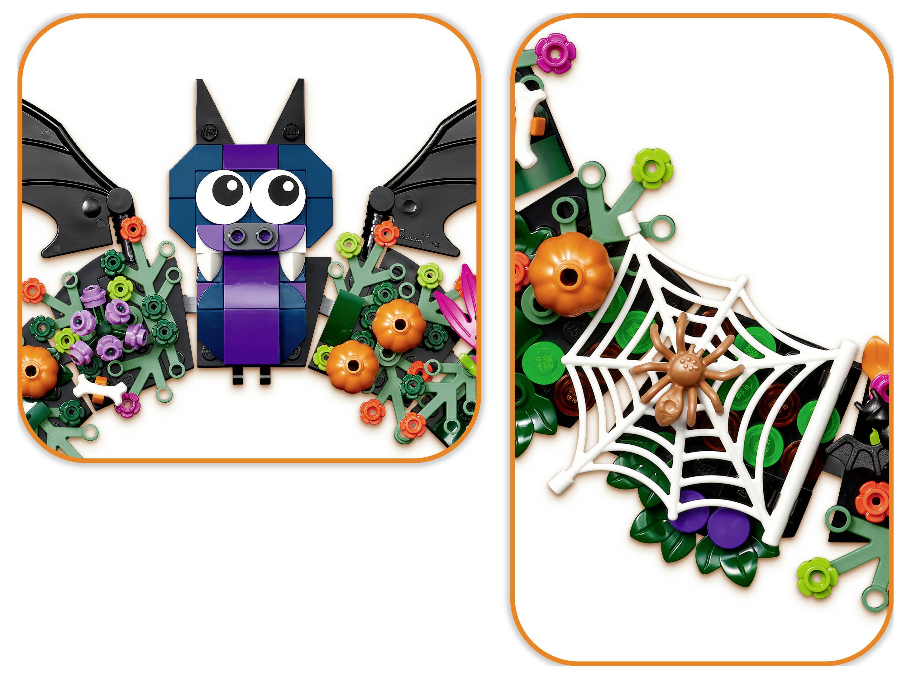 Zwei LEGO-ähnliche Halloween-Fledermaus-Bausätze: eine Vorderansicht mit großen Augen und Flügeln, sowie eine Nahaufnahme, die ein weißes Spinnennetz mit einer Spinne zwischen Kürbissen und Blättern zeigt.