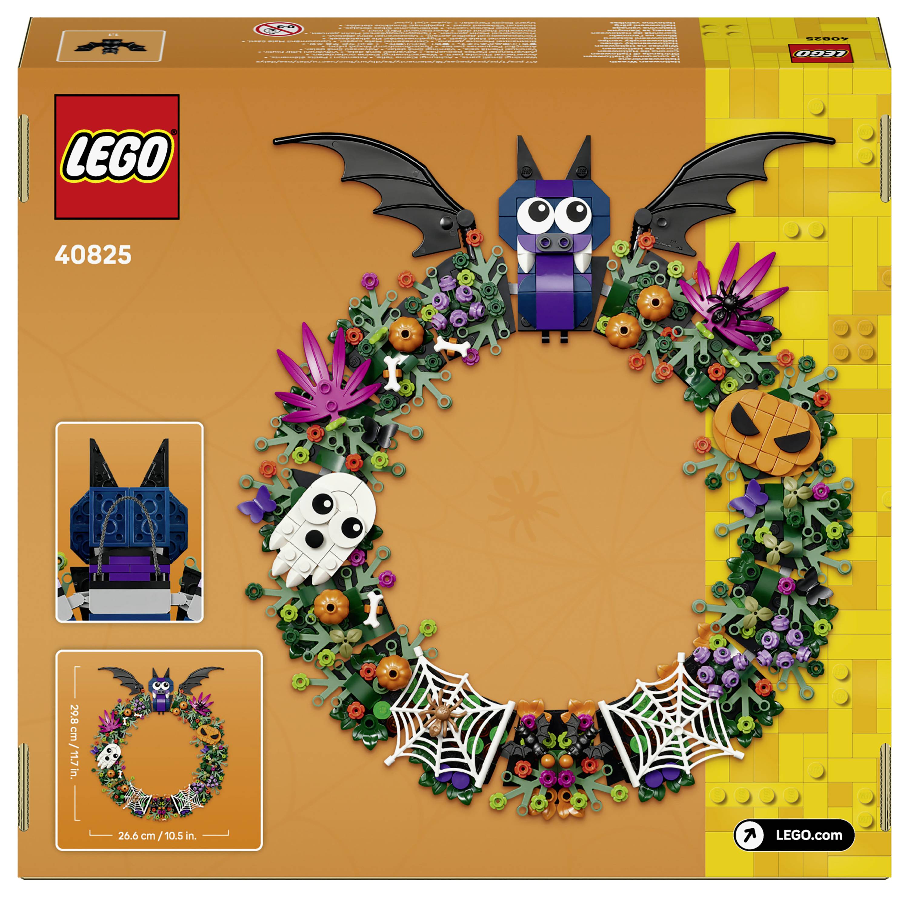 LEGO-Set 40825 Verpackung mit einem Halloween-Kranz, der eine Fledermaus, einen Totenkopf, Spinnweben, Blumen und eine Jack-O'-Lantern-Mitte zeigt.