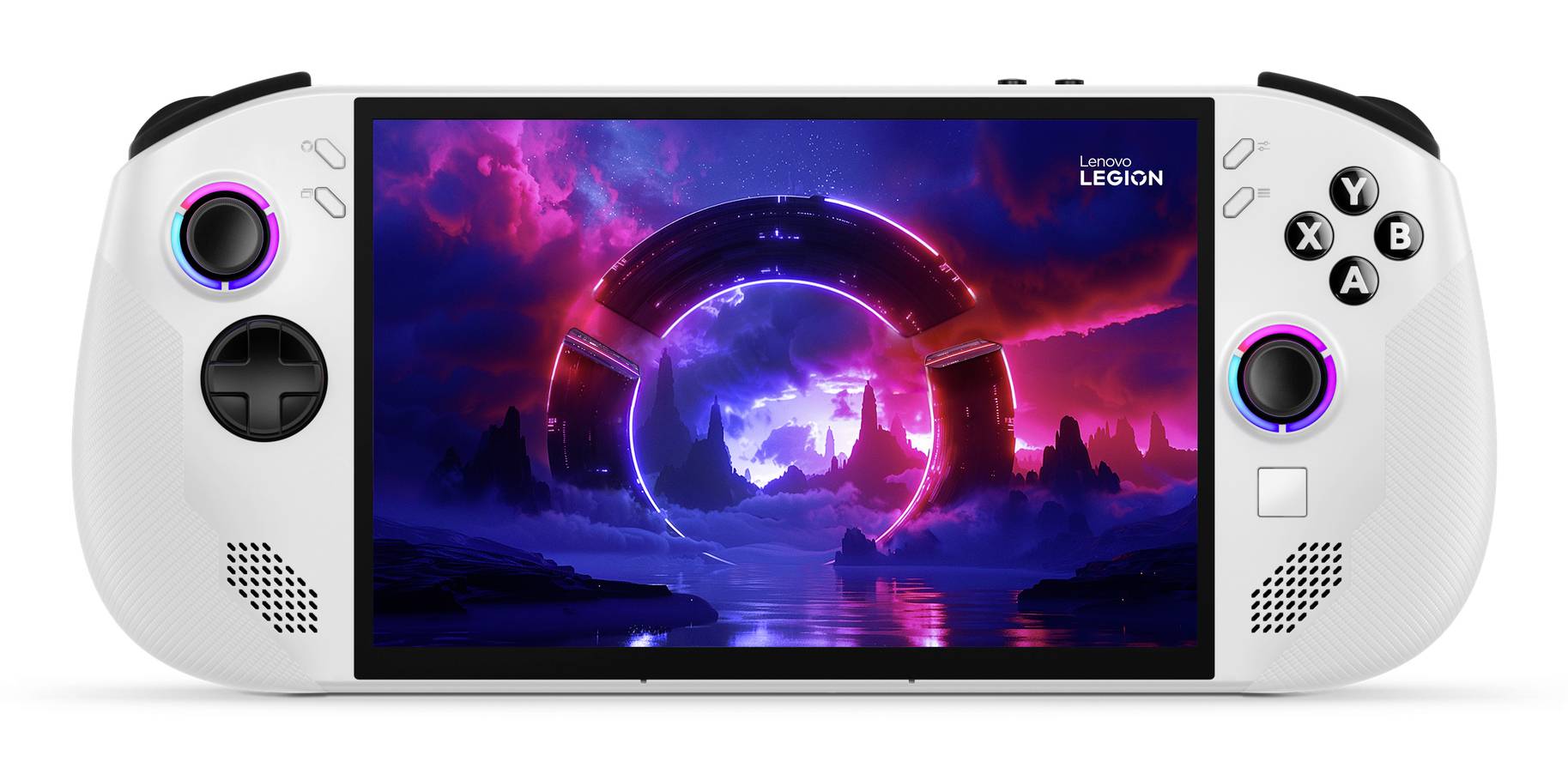 Weiße tragbare Lenovo Legion Gaming-Konsole, die eine neon-farbene Science-Fiction-Spielszene auf ihrem Bildschirm anzeigt, mit Kontrollelementen auf beiden Seiten.