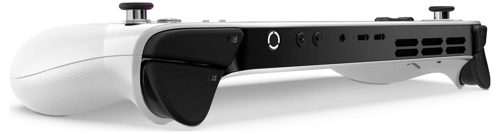 Weiß-schwarzes Mixed-Reality-Headset in Seitenansicht, mit verstellbarem Kopfband und Sensortüftchen.