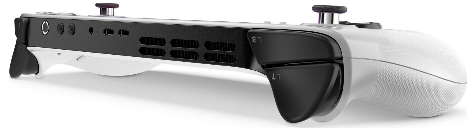 Nahaufnahme der oberen Kante eines schwarz-weißen Spielecontrollers, die Schulterschaltflächen, Lüftungsschlitze und strukturierte Griffoberfläche zeigt.