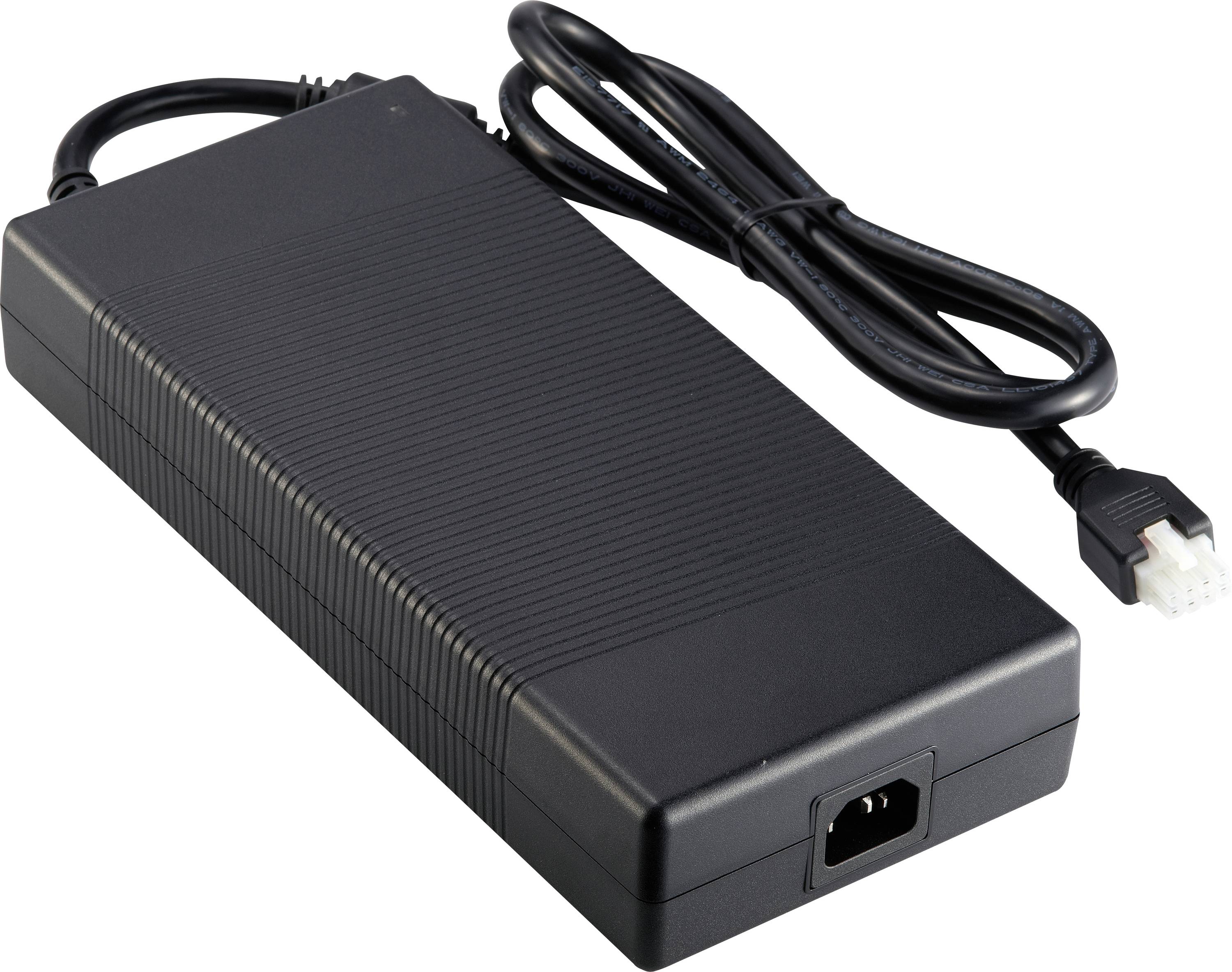 Schwarzer Laptop-Stromadapter mit angeschlossenem Kabel und IEC-Stromstecker