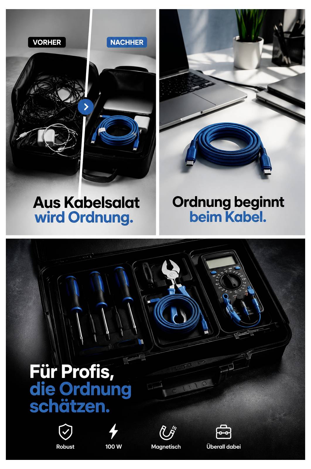 German ad showing cable organization: before-and-after tangled cords vs neatly coiled blue cable, plus a tool case promoting order for professionals.