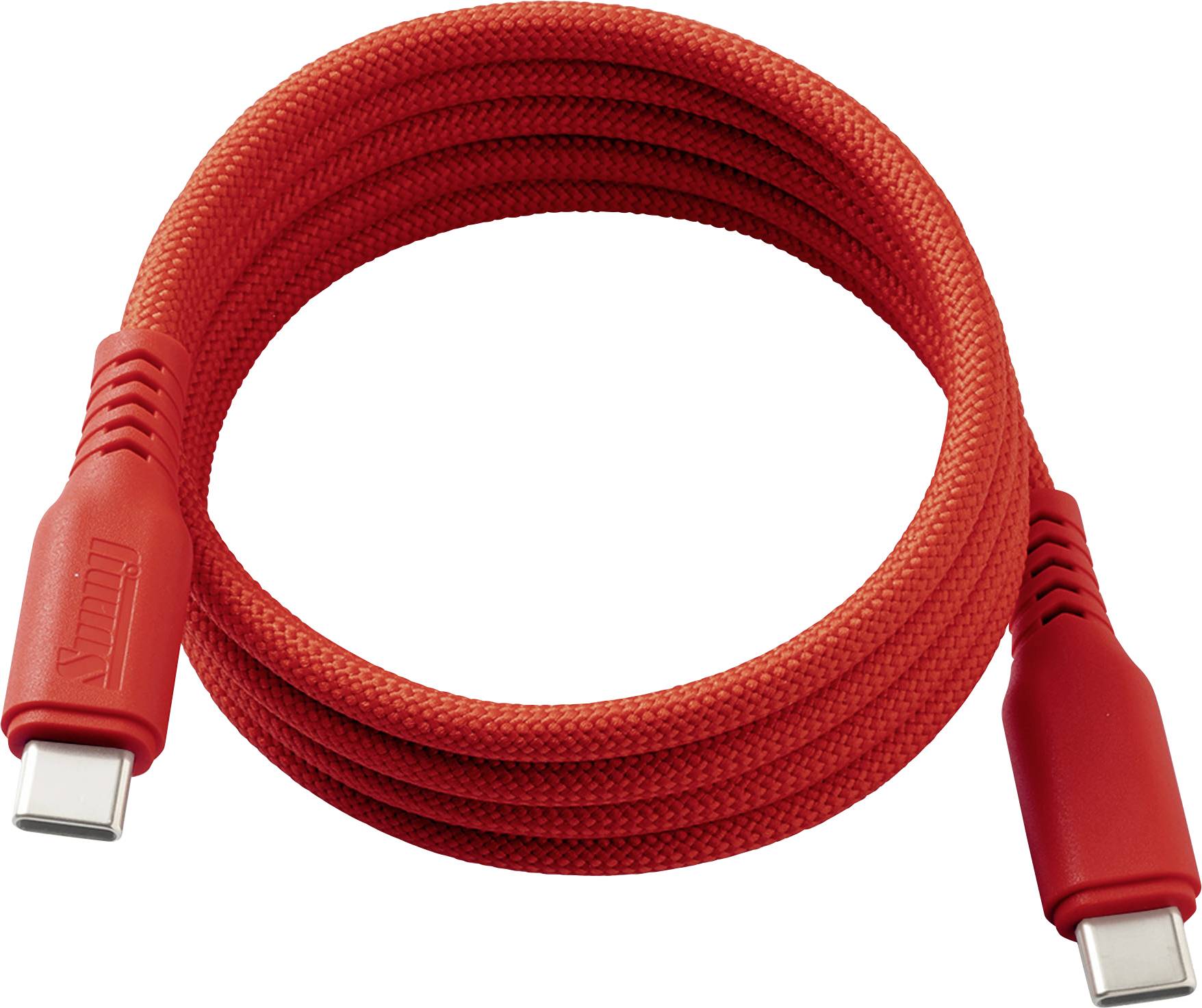 Aufgerolltes rotes USB-C-Ladekabel auf weißem Hintergrund.