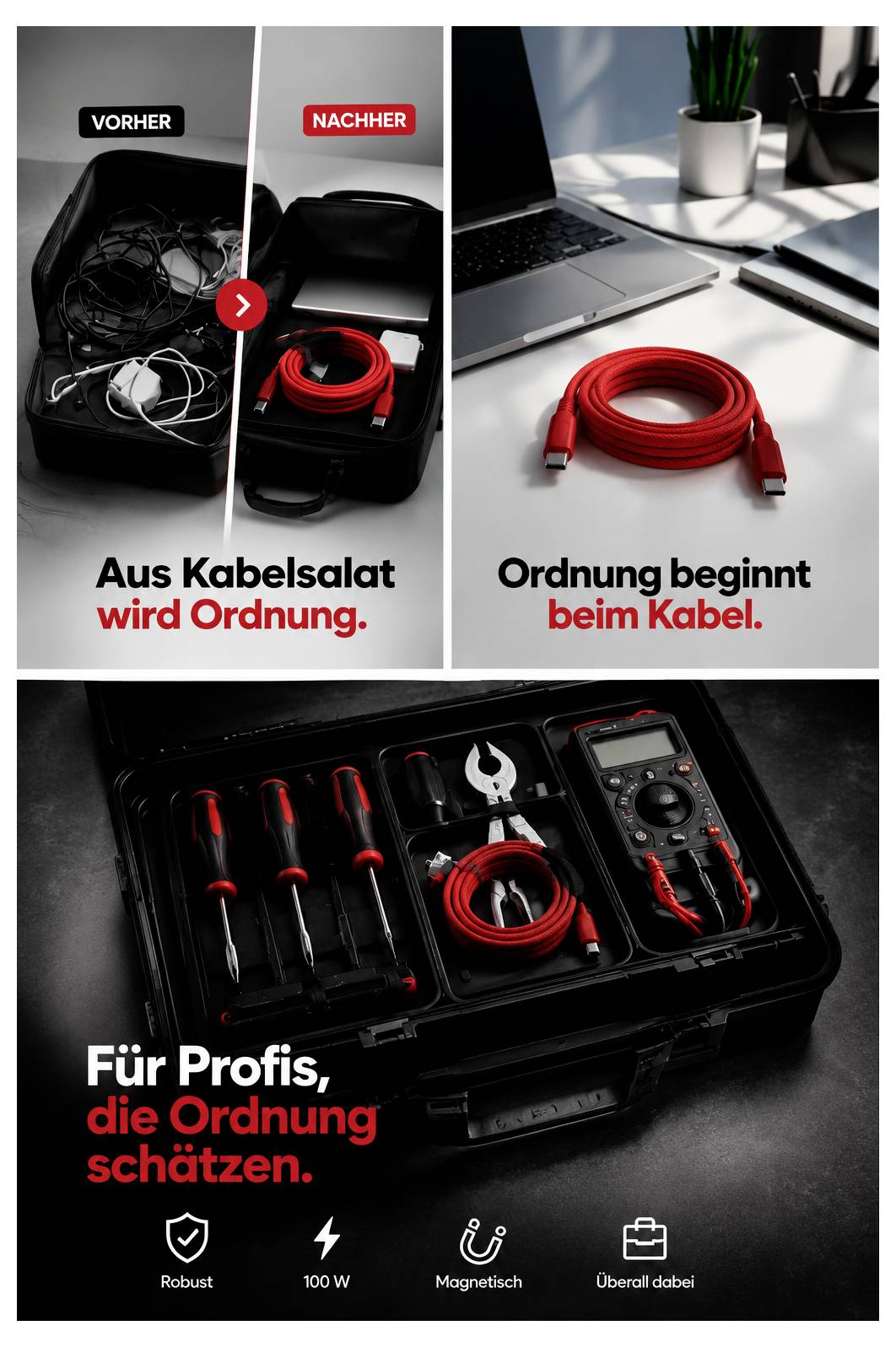 Werbebild mit Produkten zur Kabelorganisation: Vorher-und-Nachher-Szenario mit verworrenen Kabeln, die durch ein ordentliches rotes Kabel ersetzt werden, sowie ein Werkzeugkoffer für Profis.