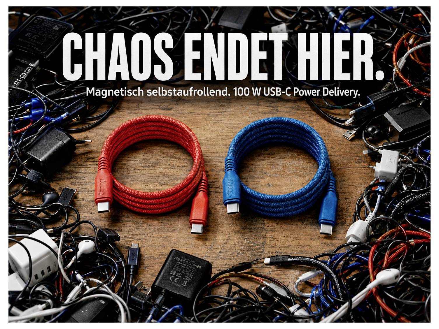 Werbebild von zwei aufgerollten USB-C-Kabeln, eines rot und eines blau, auf einer Holzoberfläche inmitten von durcheinander gewirbelten Kabeln, mit dem Text „CHAOS ENDET HIER.