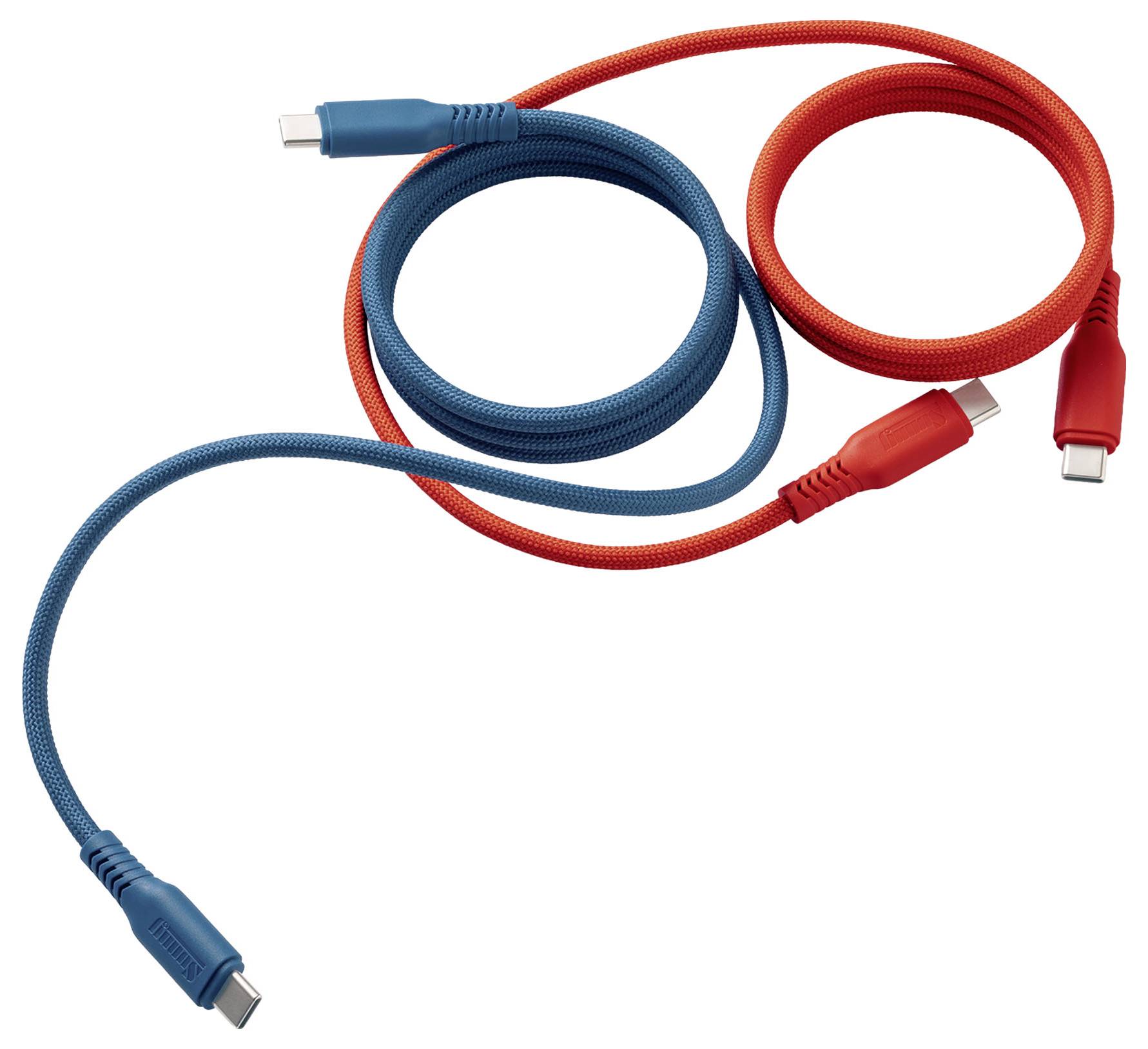 Two braided USB-C charging cables, one blue and one red, coiled and overlapping on a white background.