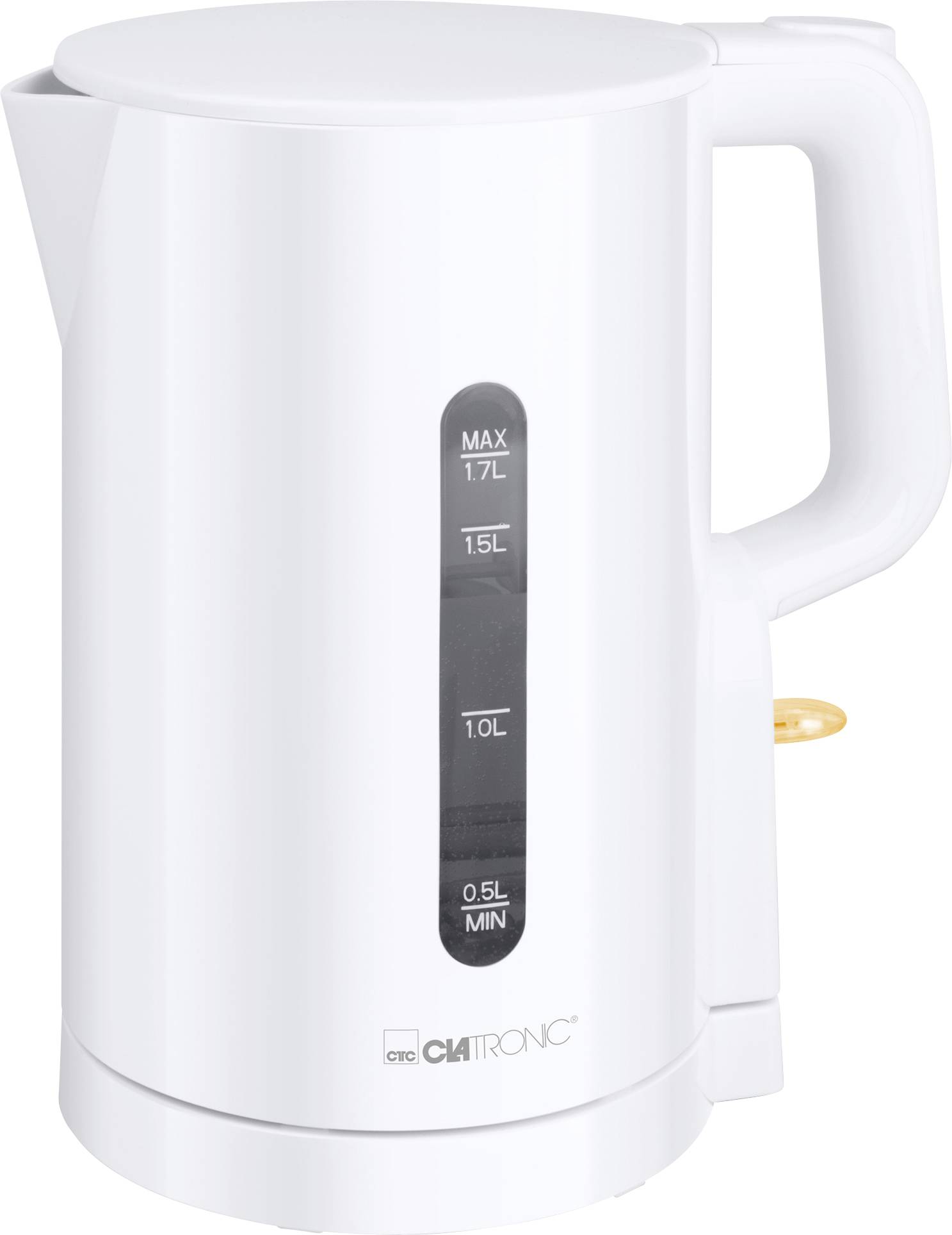 Weißer Wasserkocher mit Griff und Wasserstandsfenster, gekennzeichnet mit 0,5L MIN bis 1,7L MAX
