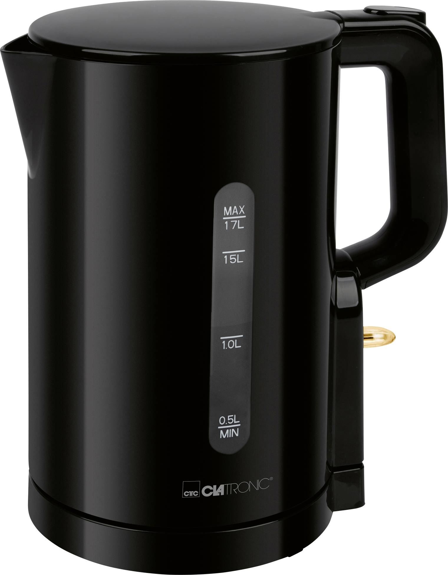 Schwarzer Wasserkocher mit Griff und Wasserfenster mit Markierungen von „0,5 l MIN