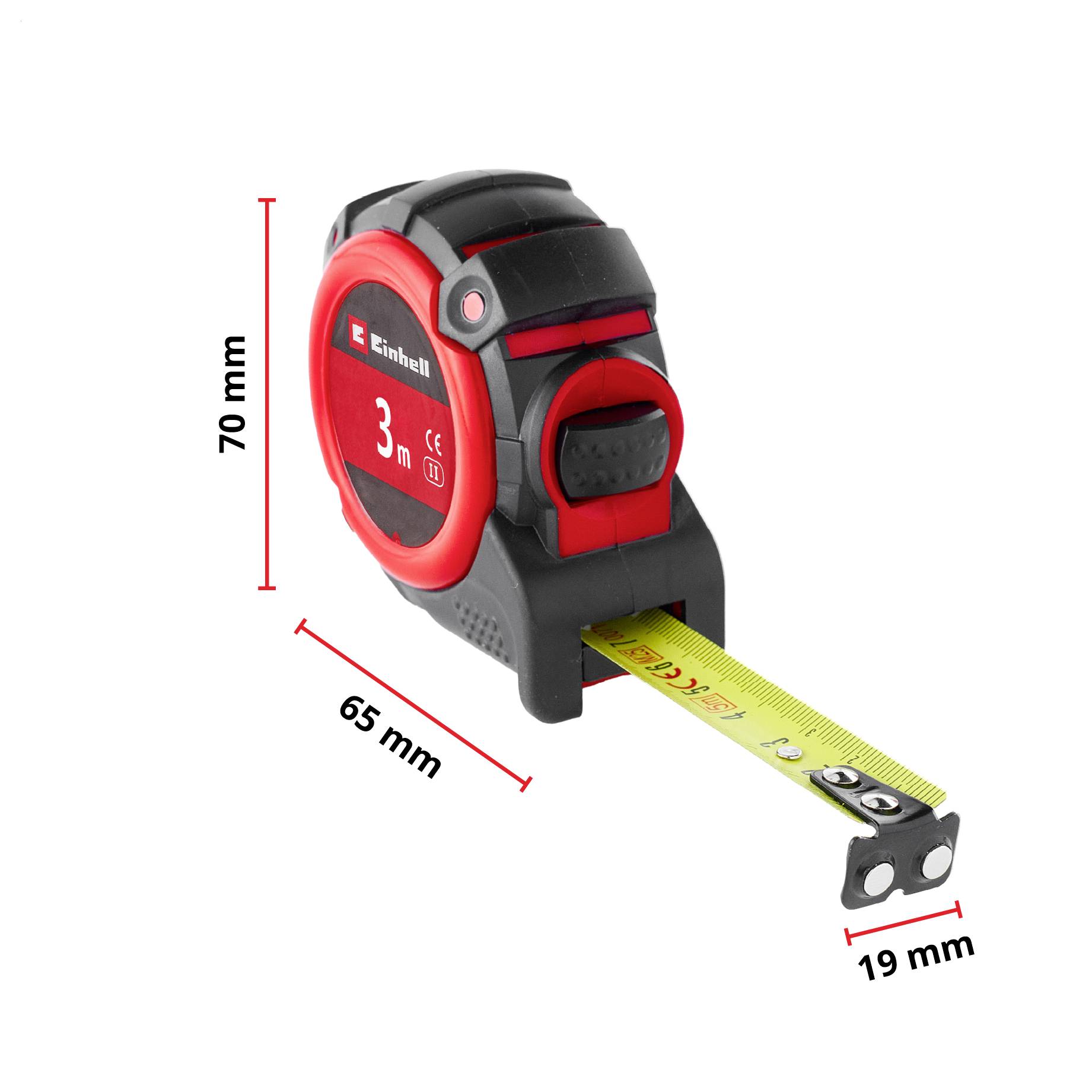 Schwarzes und rotes 3-m-Stahllineal mit beschrifteten Abmessungen: 70 mm Höhe, 65 mm Tiefe und 19 mm breites Bandende.