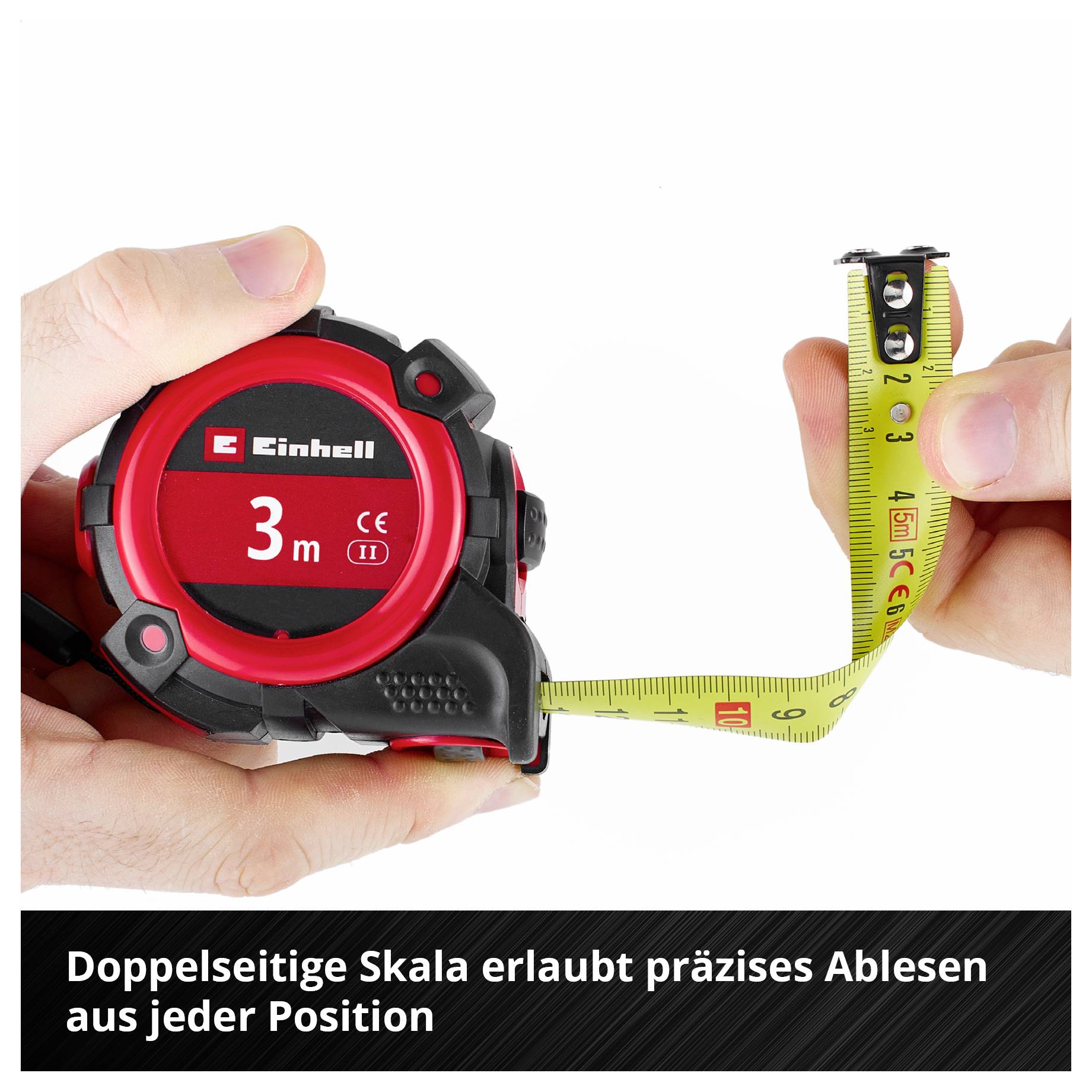 Rotes 3-m-Einhalt-Maßband wird von zwei Händen ausgezogen; doppelseitige Skala ermöglicht präzises Ablesen aus jeder Position.