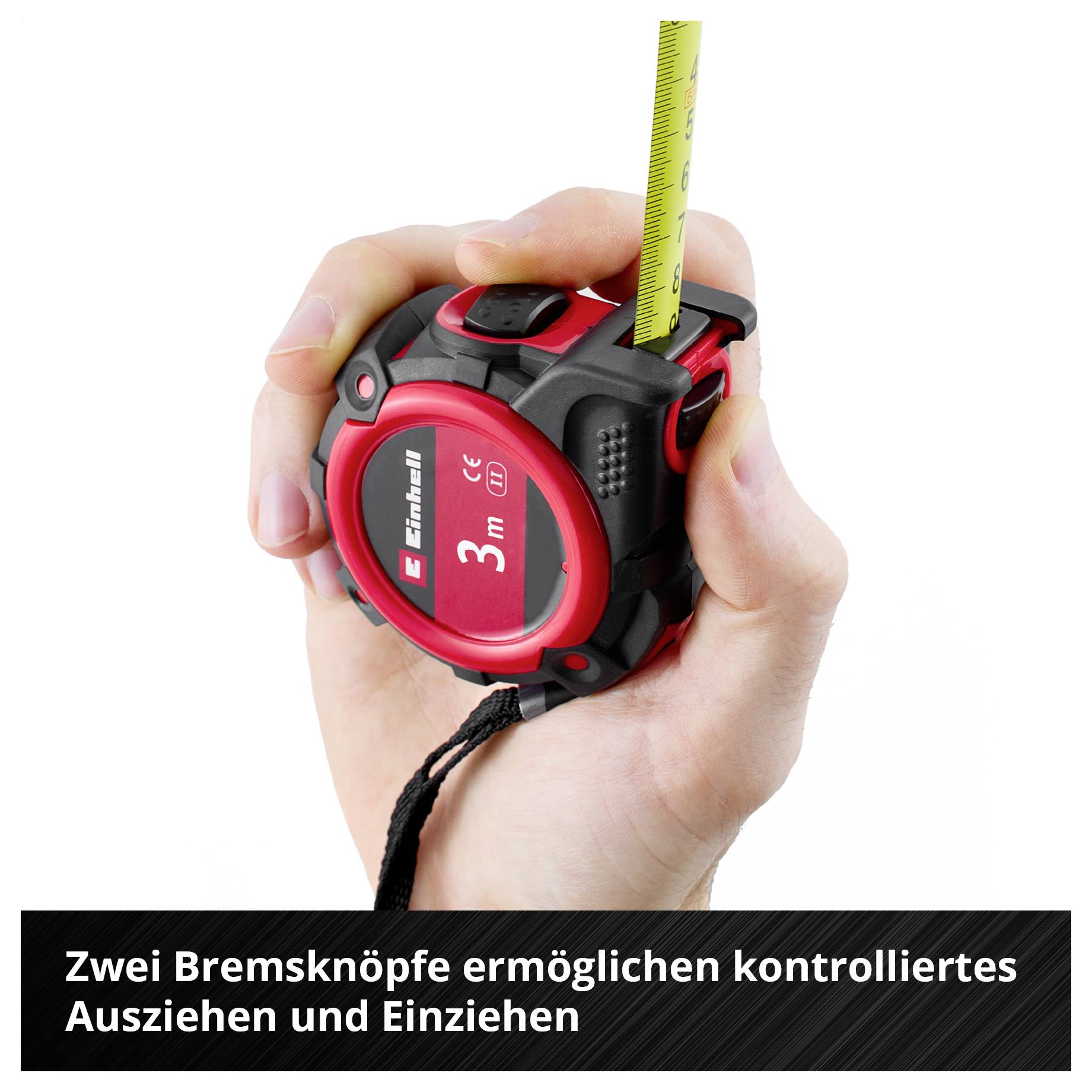 Hand hält ein rotes schwarzes 3-m-Rollbandmaß; das Maßband ist ausgezogen, darunter der Text 'Zwei Bremsknöpfe ermöglichen kontrolliertes Ausziehen und Einziehen'.