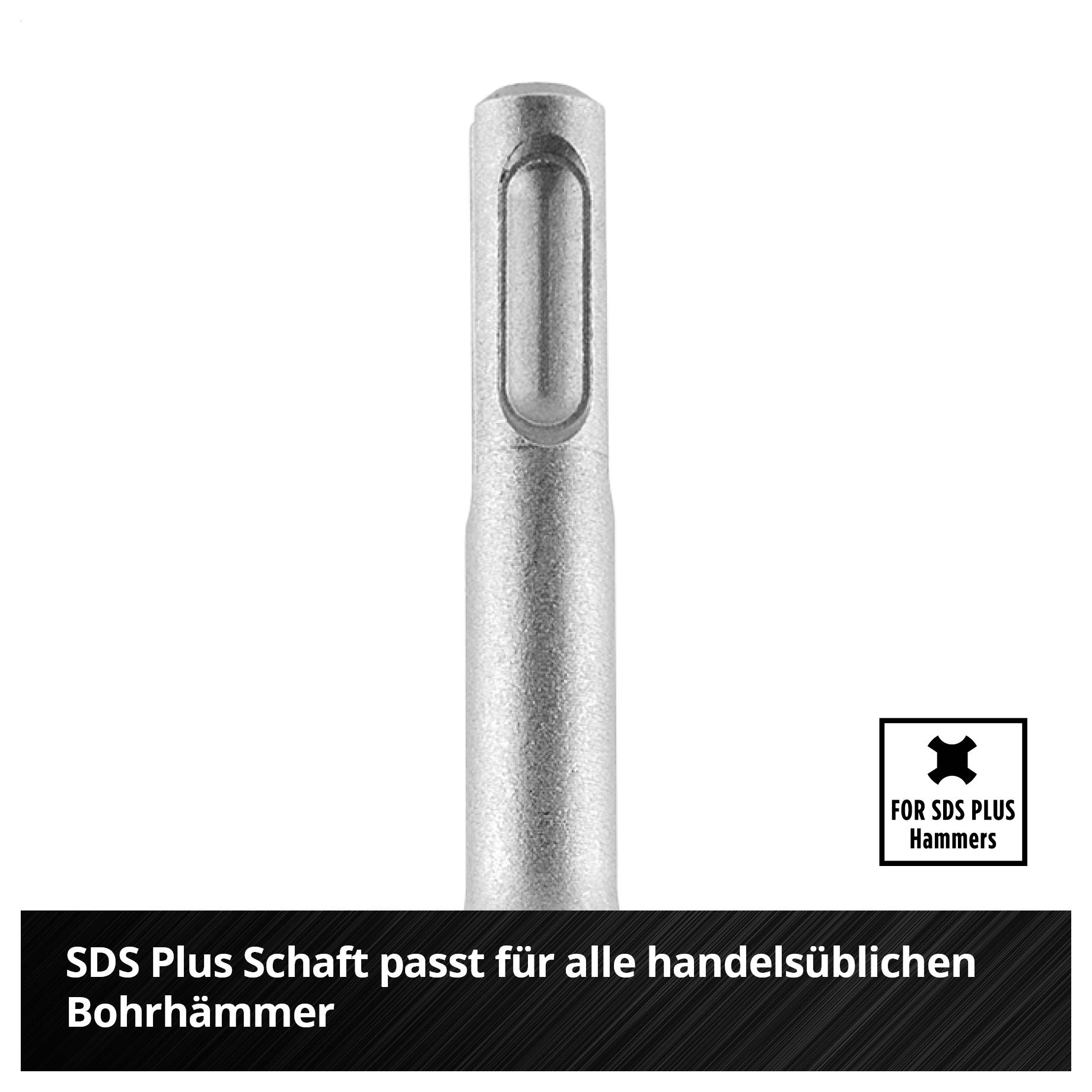 SDS-Plus-Bohrhammer-Schaft in Nahaufnahme, mit Hinweis: 'SDS Plus Shaft passt für alle handelsüblichen Bohrhämmer' und 'For SDS Plus Hammers'.