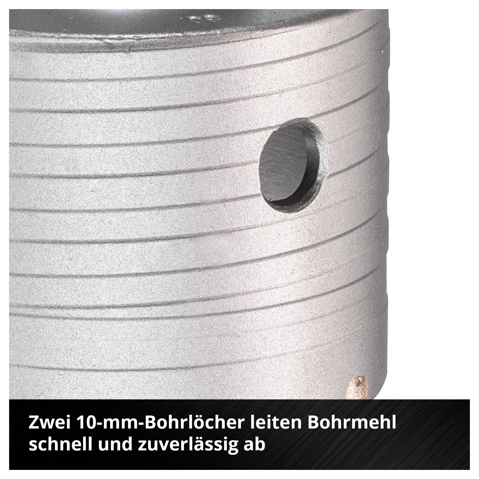 Nahaufnahme eines Metallbohrers mit zwei 10-mm-Bohrlöchern; Text erklärt, dass sie Bohrmehl schnell und zuverlässig abführen.