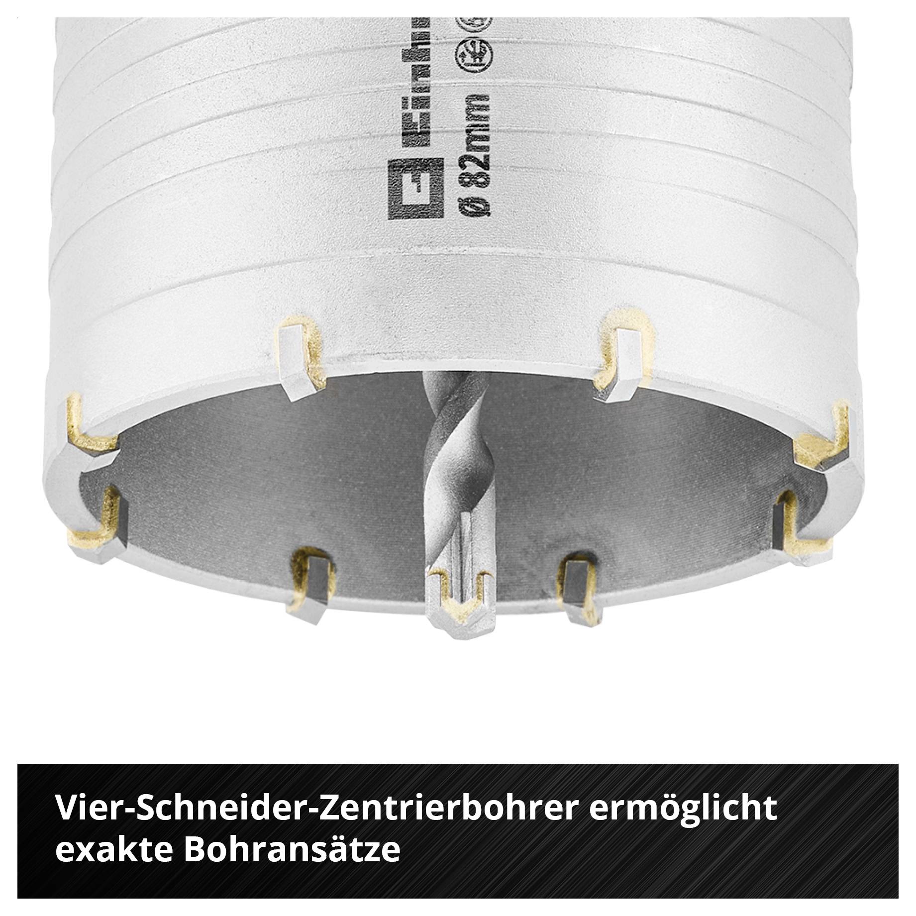 Vier-Schneider-Zentrierbohrer mit Ø 82 mm für exakte Bohransätze, gezeigt als Produktabbildung mit Hinweistext unten.