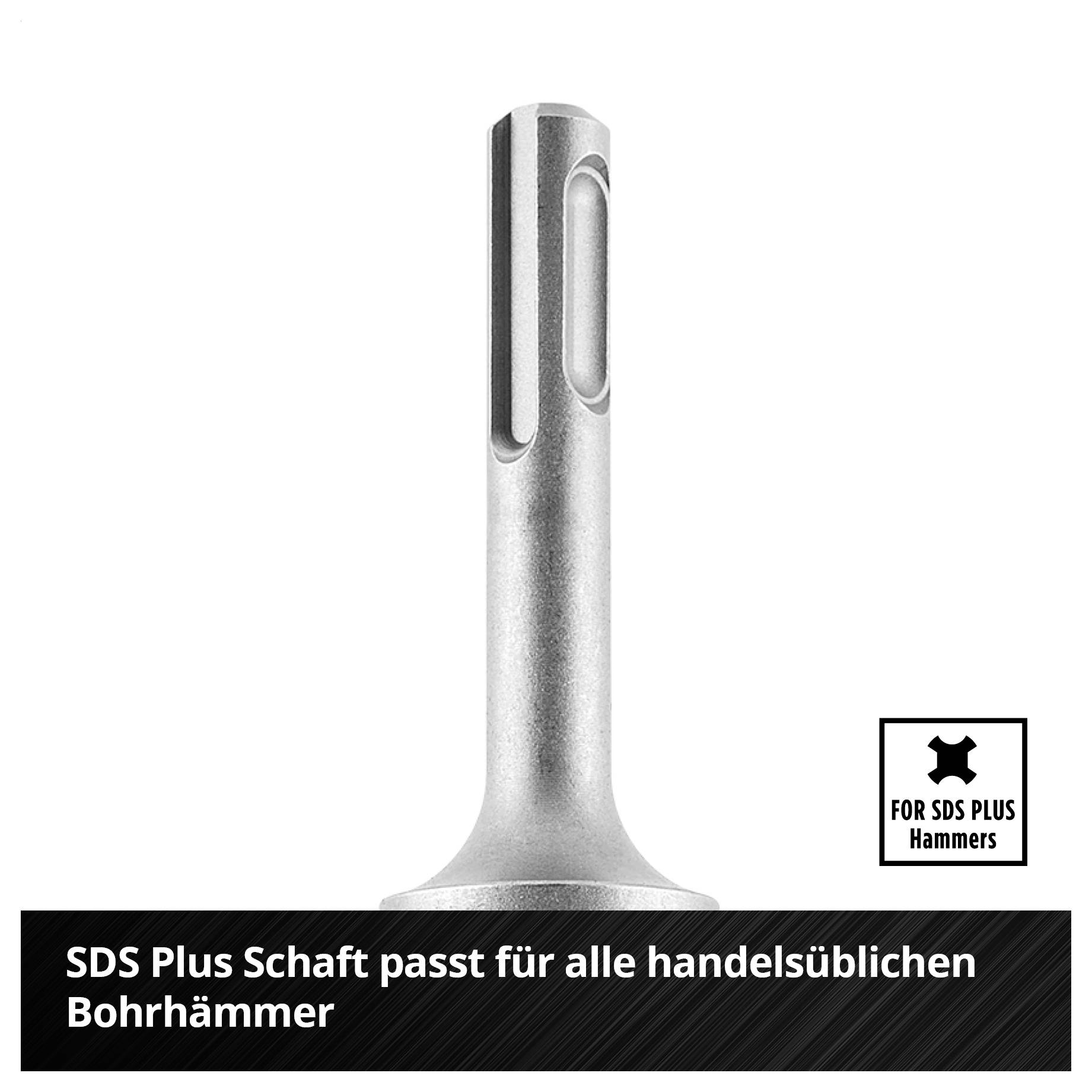 SDS-Plus-Bohrhammer-Schaft mit Hinweis: 'SDS Plus Shaft passt für alle handelsüblichen Bohrhämmer'.