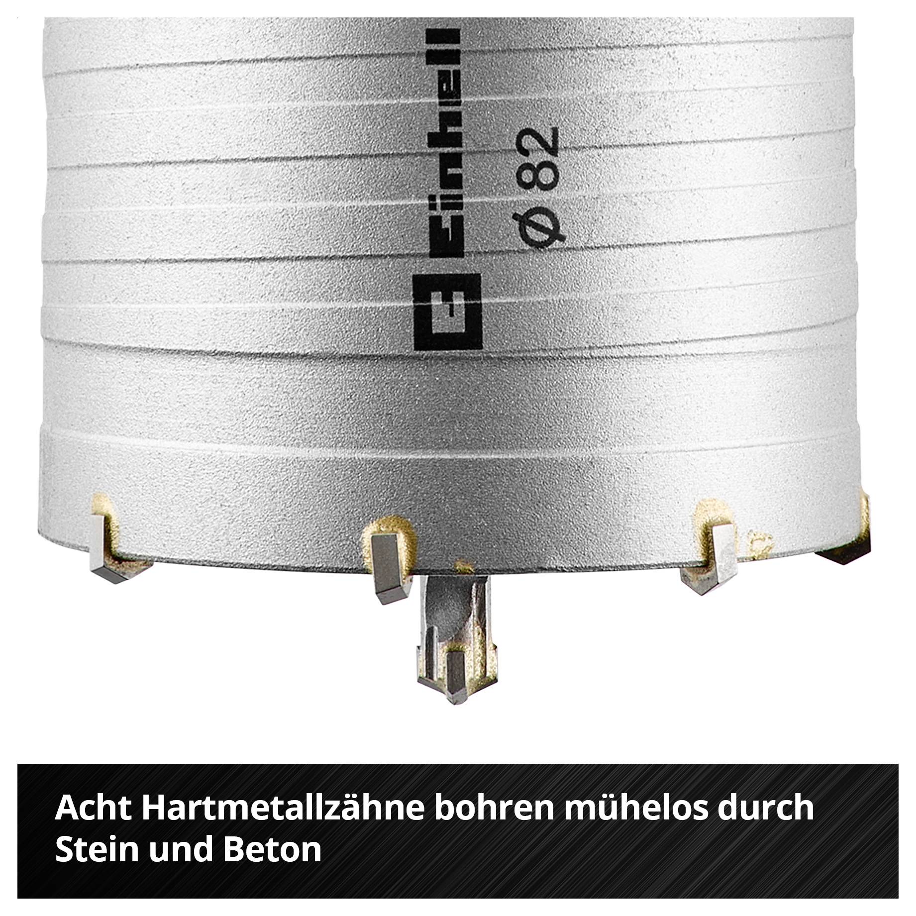 Nahaufnahme einer Einhell Hartmetall-Lochsäge Ø 82; unten steht 'Acht Hartmetallzähne bohren mühelos durch Stein und Beton'.