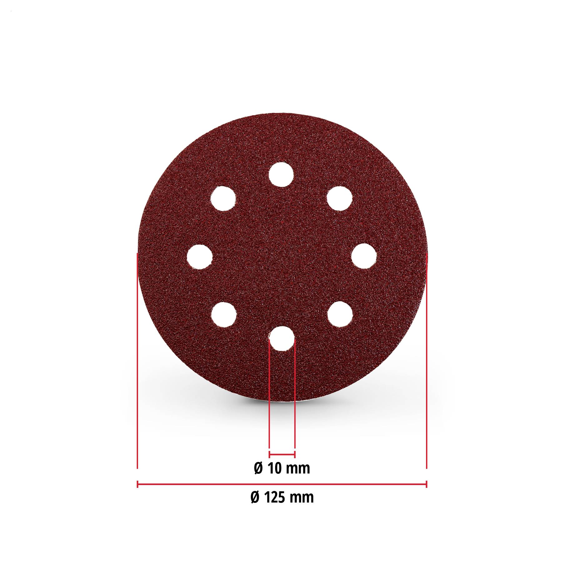 Rote kreisförmige Platte oder Scheibe mit sieben gleichmäßig verteilten Lochern, mit einer Gesamtdurchmesser von 125 mm und einem Lochdurchmesser von 10 mm beschriftet.