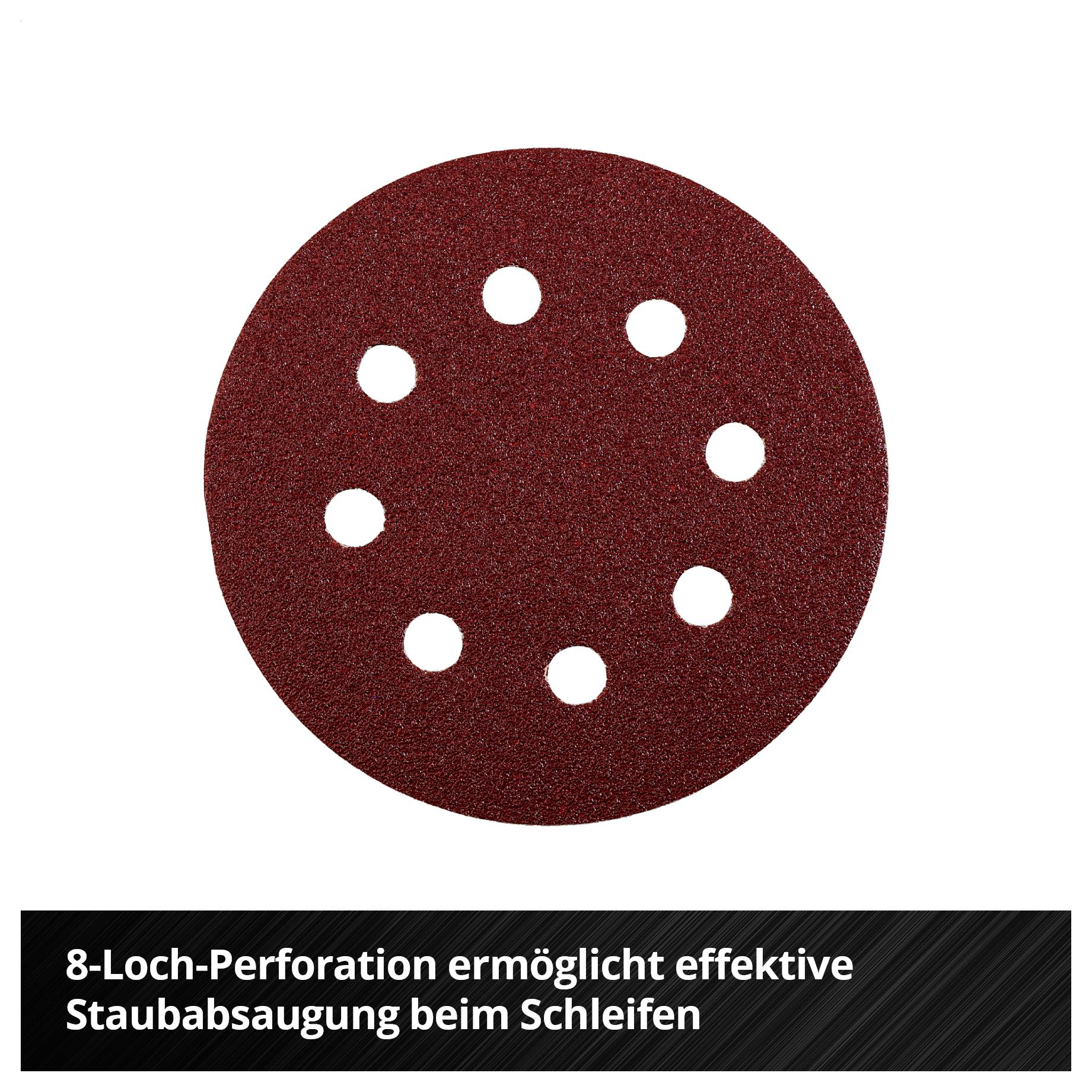 Runde Schleifscheibe mit 8 Löchern; Perforation für effektive Staubabsaugung beim Schleifen.