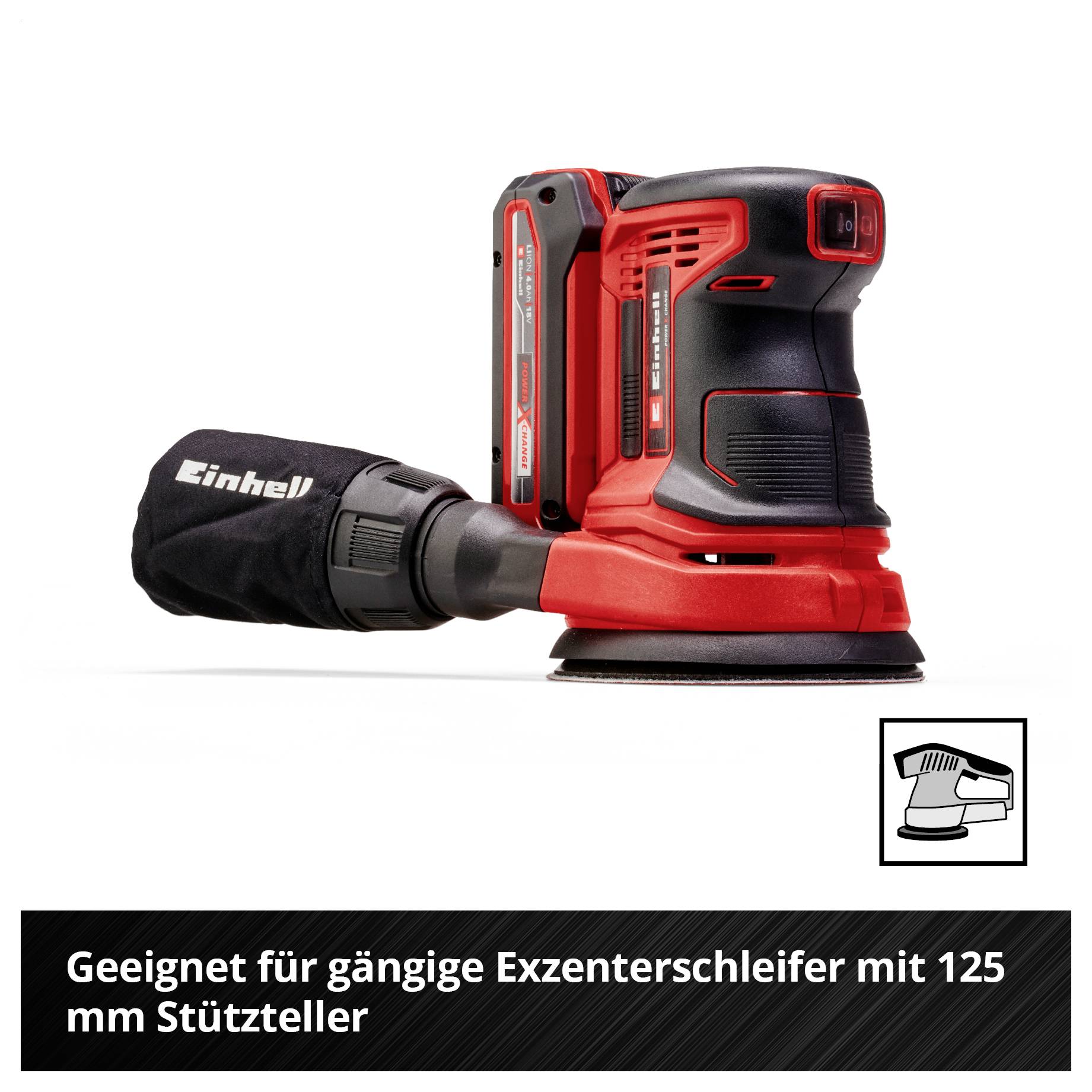 Einhell Akku-Exzenterschleifer mit Staubbeutel; Hinweis: geeignet für gängige Exzenterschleifer mit 125 mm Stützteller.