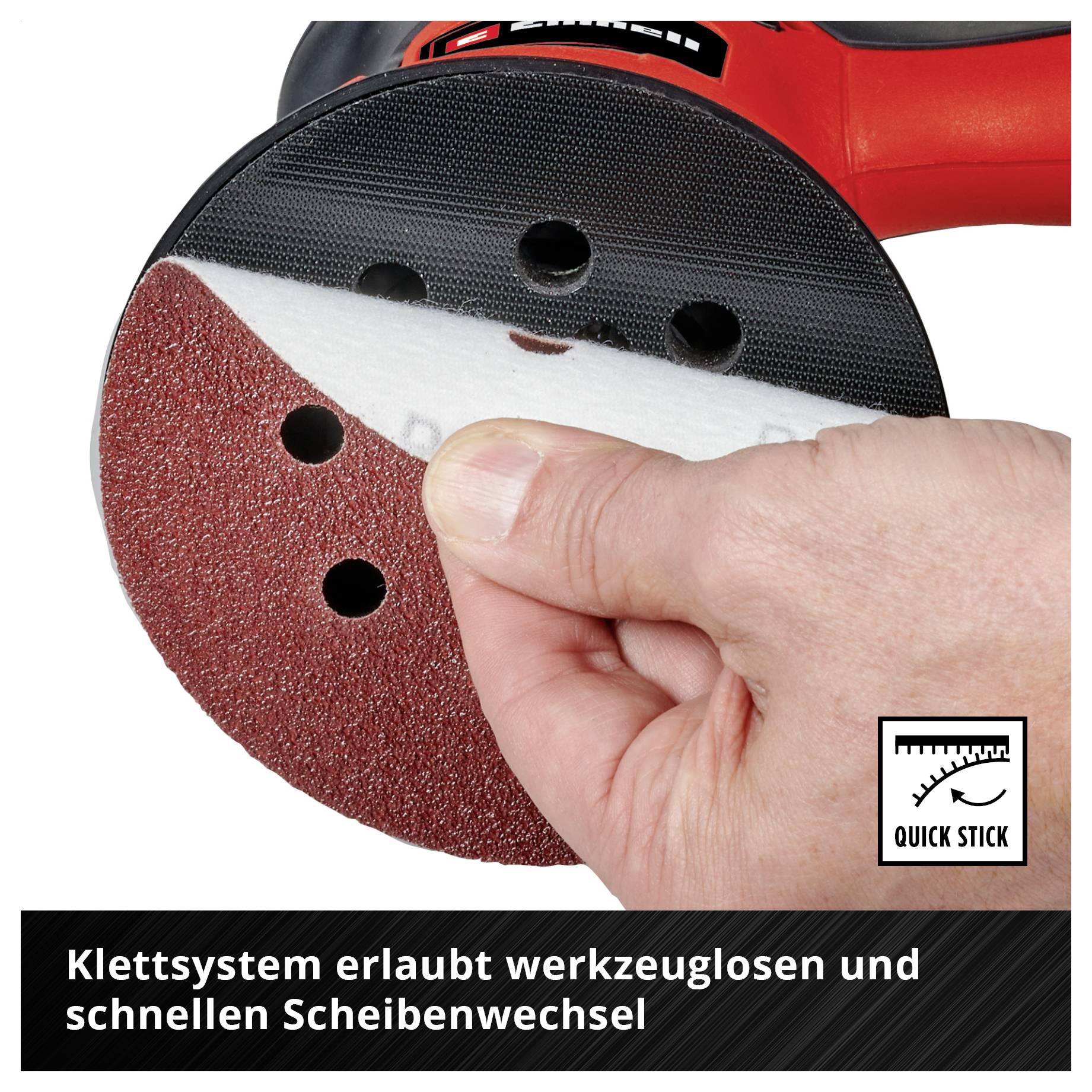 Hand wechselt eine Schleifscheibe mit Klettverschluss an einem Exzenterschleifer; Hinweis: 'Klettsystem erlaubt werkzeuglosen und schnellen Scheibenwechsel'.