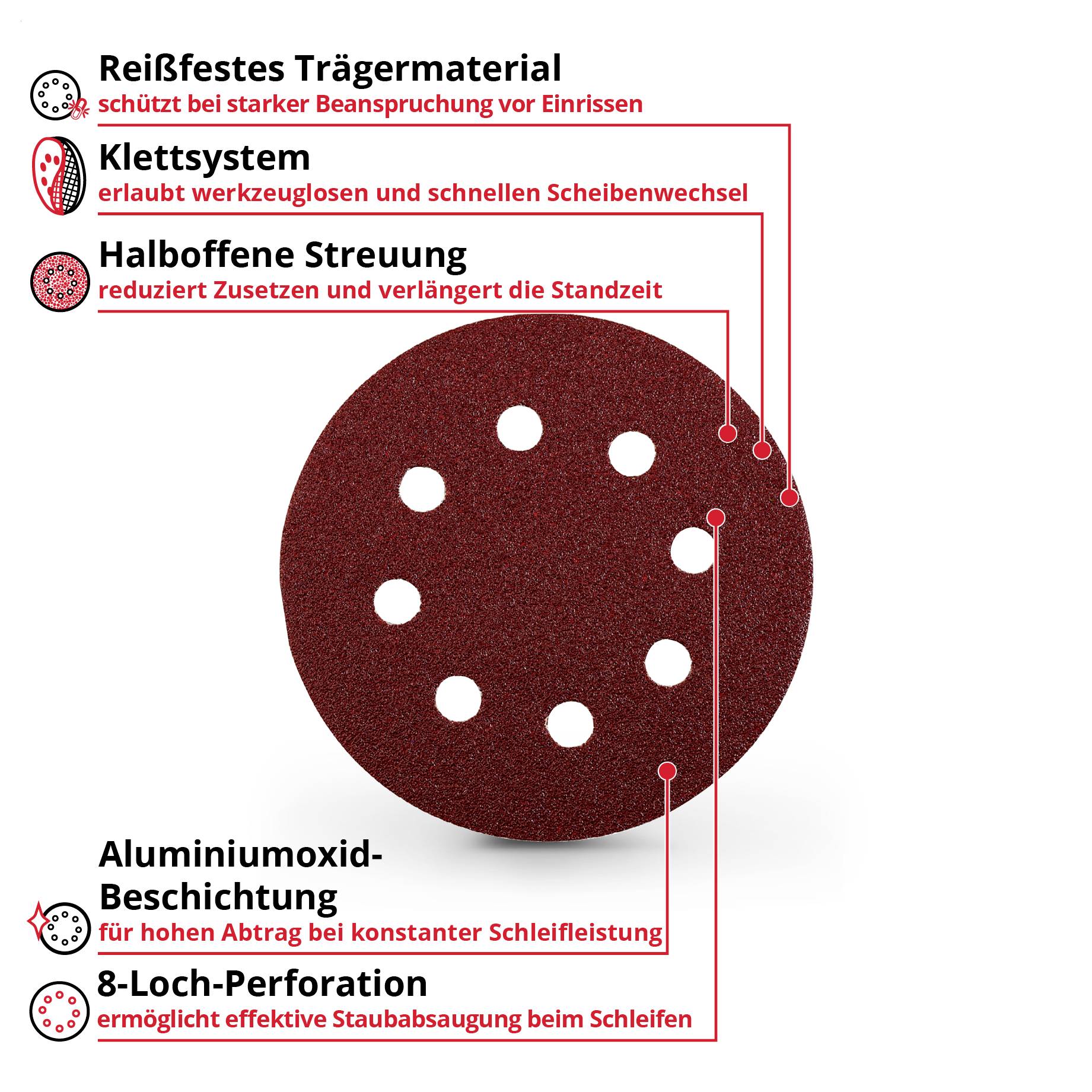 Infografik einer Schleifscheibe mit Beschriftungen: reißfestes Trägermaterial, Klettsystem, halboffene Streuung, Aluminiumoxid-Beschichtung und 8-Loch-Perforation.