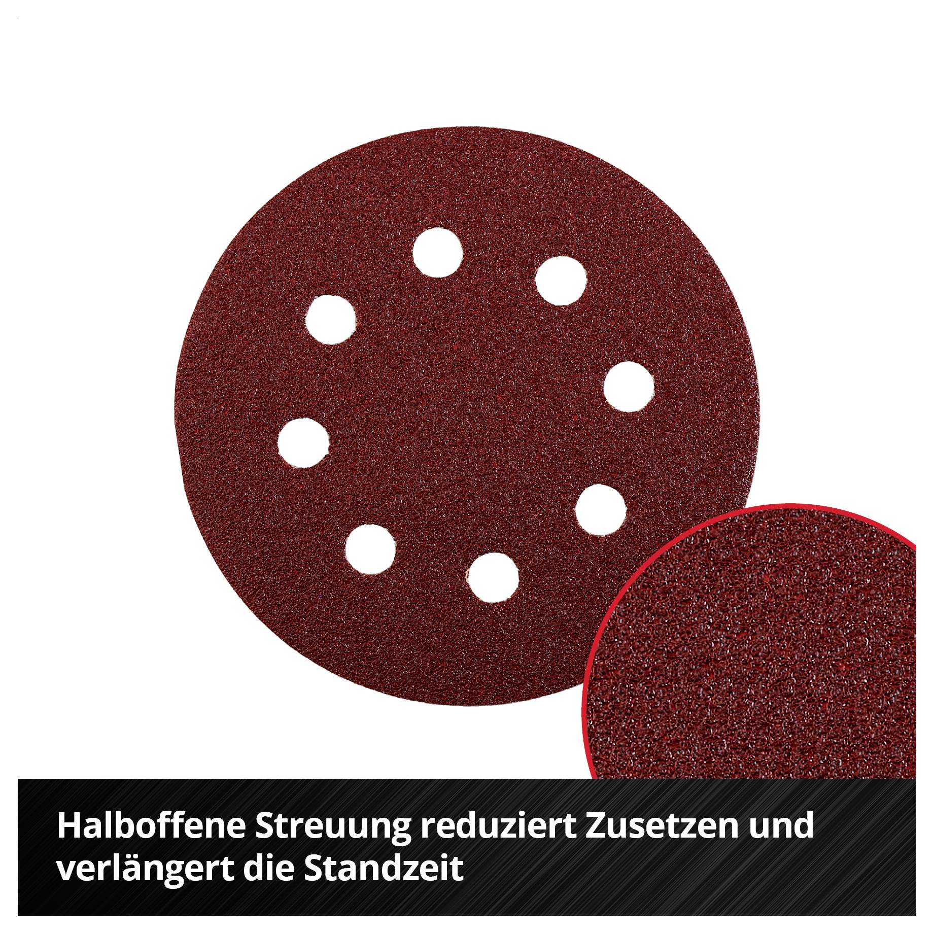 Rotes Schleifpapier mit mehreren Lochungen; Halboffene Streuung reduziert Zusetzen und verlängert die Standzeit.