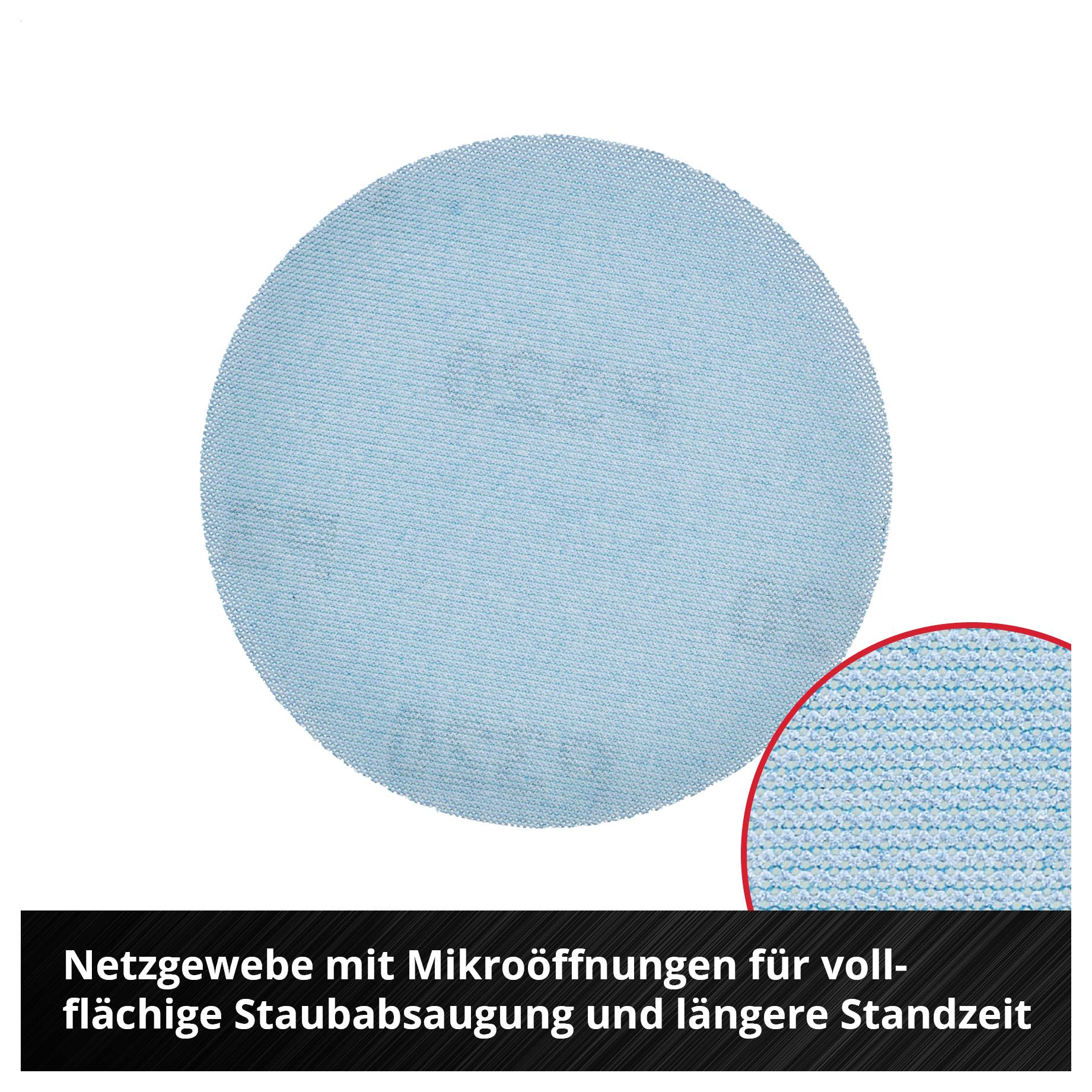 Hellblaues Netzgewebe mit Mikroöffnungen; Inset zeigt die feine Struktur. Beschriftung: 'Netzgewebe mit Mikroöffnungen für vollflächige Staubabsaugung und längere Standzeit'.